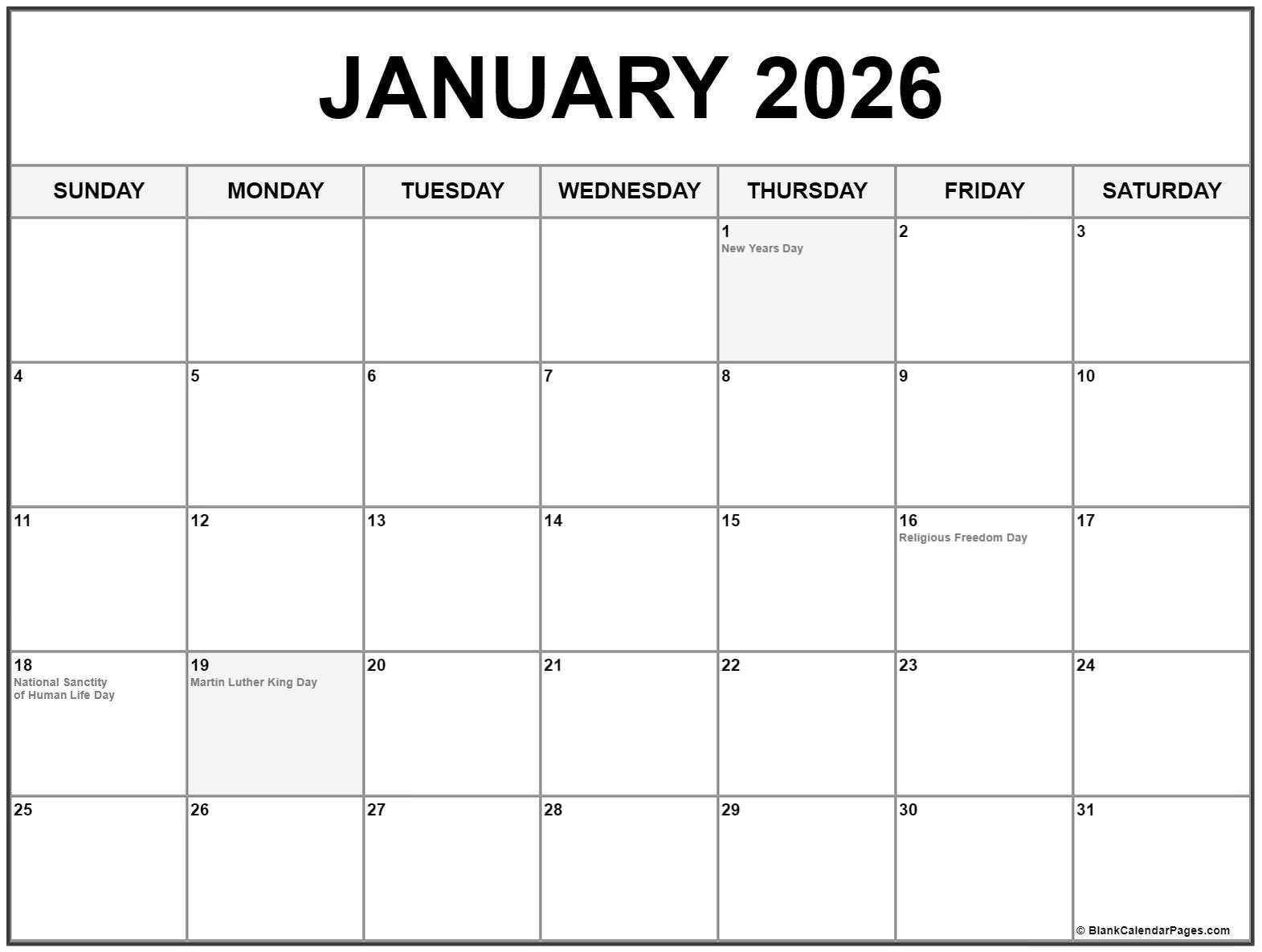Free Printable 2026 January Calendar With Usa And Jewish Holidays