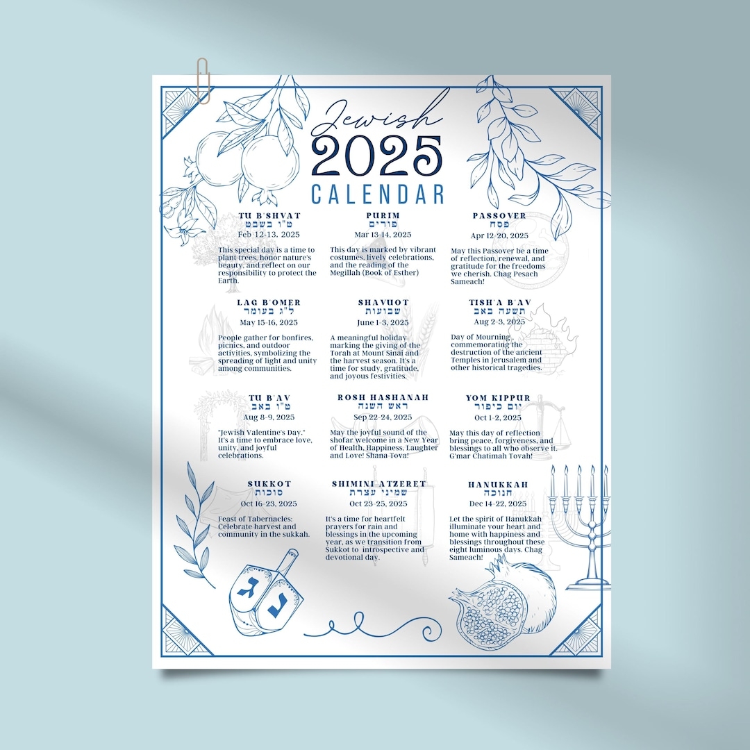Jewish Calendar 2025 Poster Jewish Gift New Year 5785 Rosh Hashanah 5786 12 Month Wall Calendar Hebrew Holidays Monthly Biblical Calendar Etsy