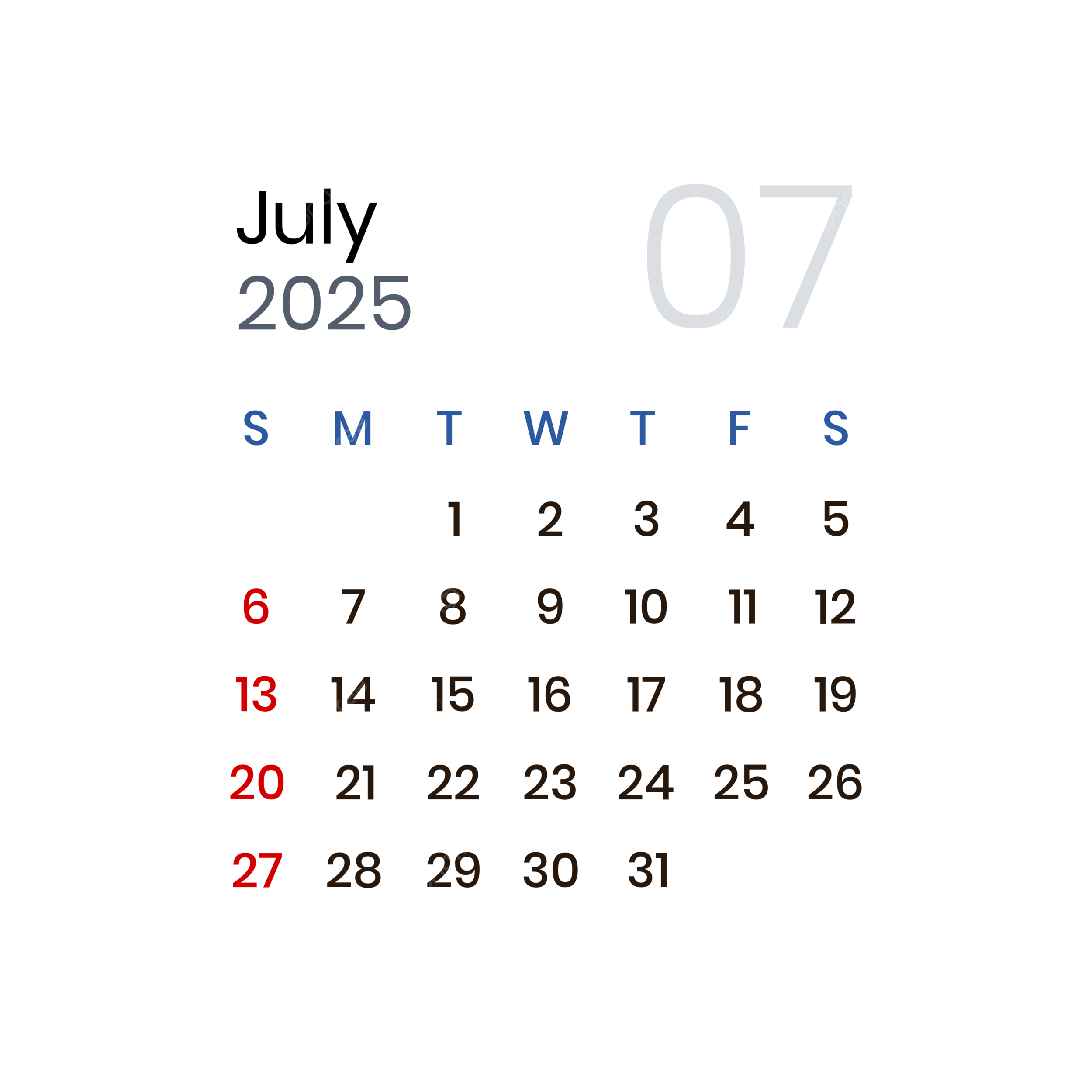 July 2025 Calendar Elegant Vector July 2025 July 2025 Calendar 