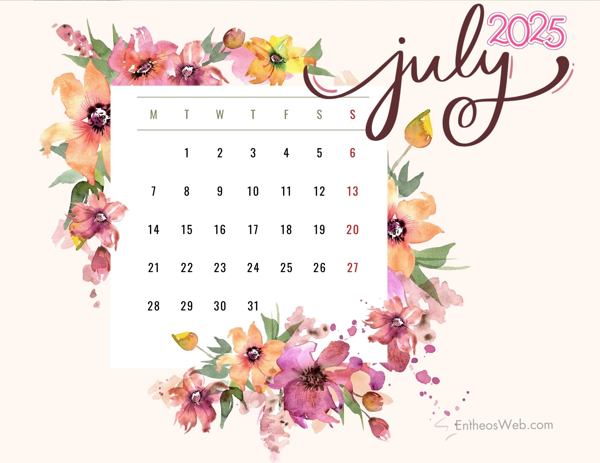 Printable July 22 Calendar 2025