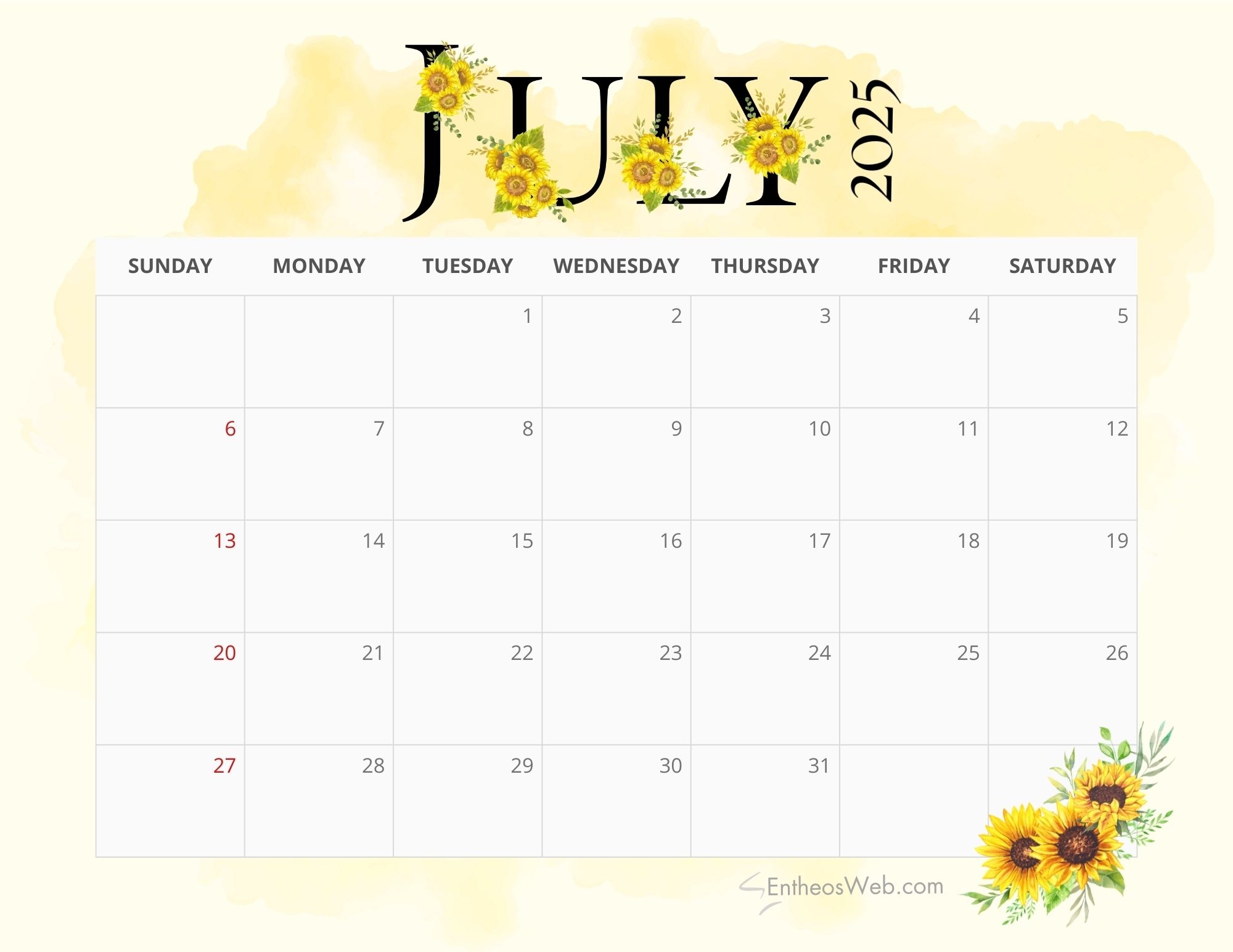 Printable Calendar July 2025 Free