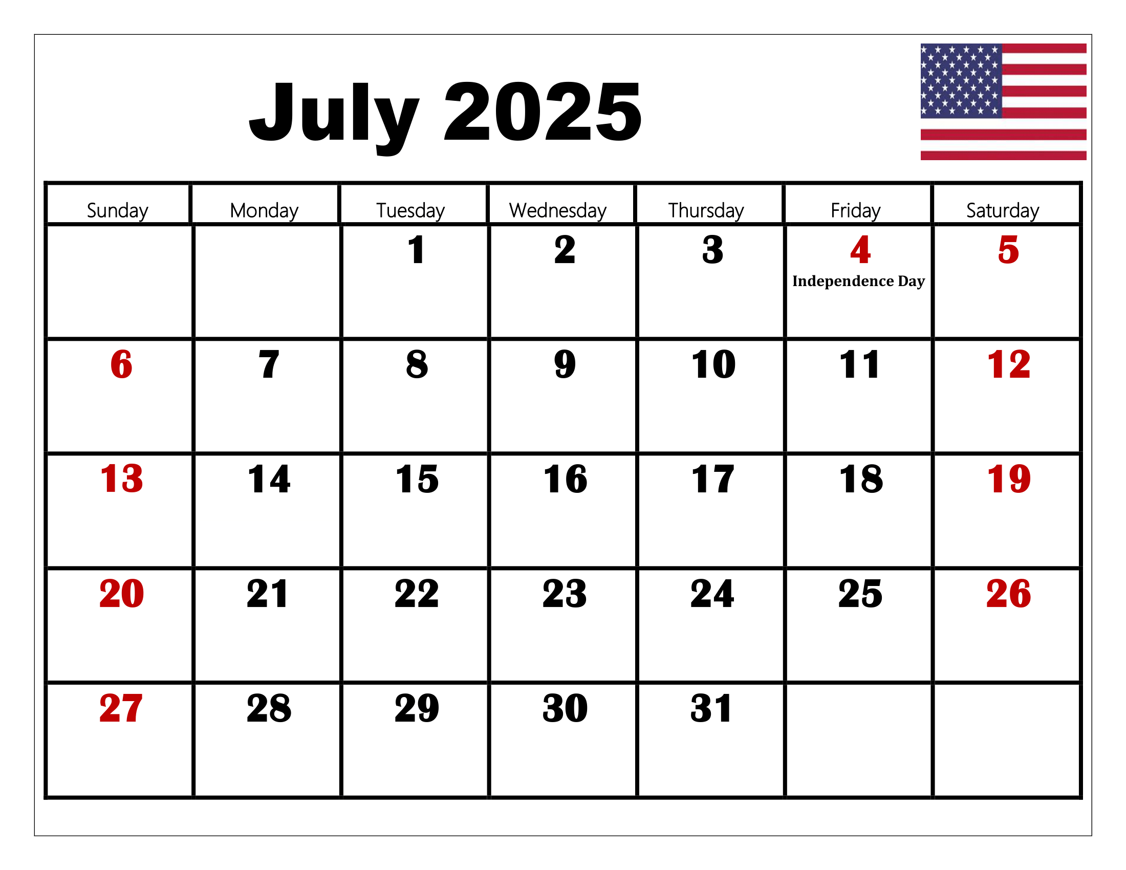 July 2025 Calendar Printable PDF Template With Holidays