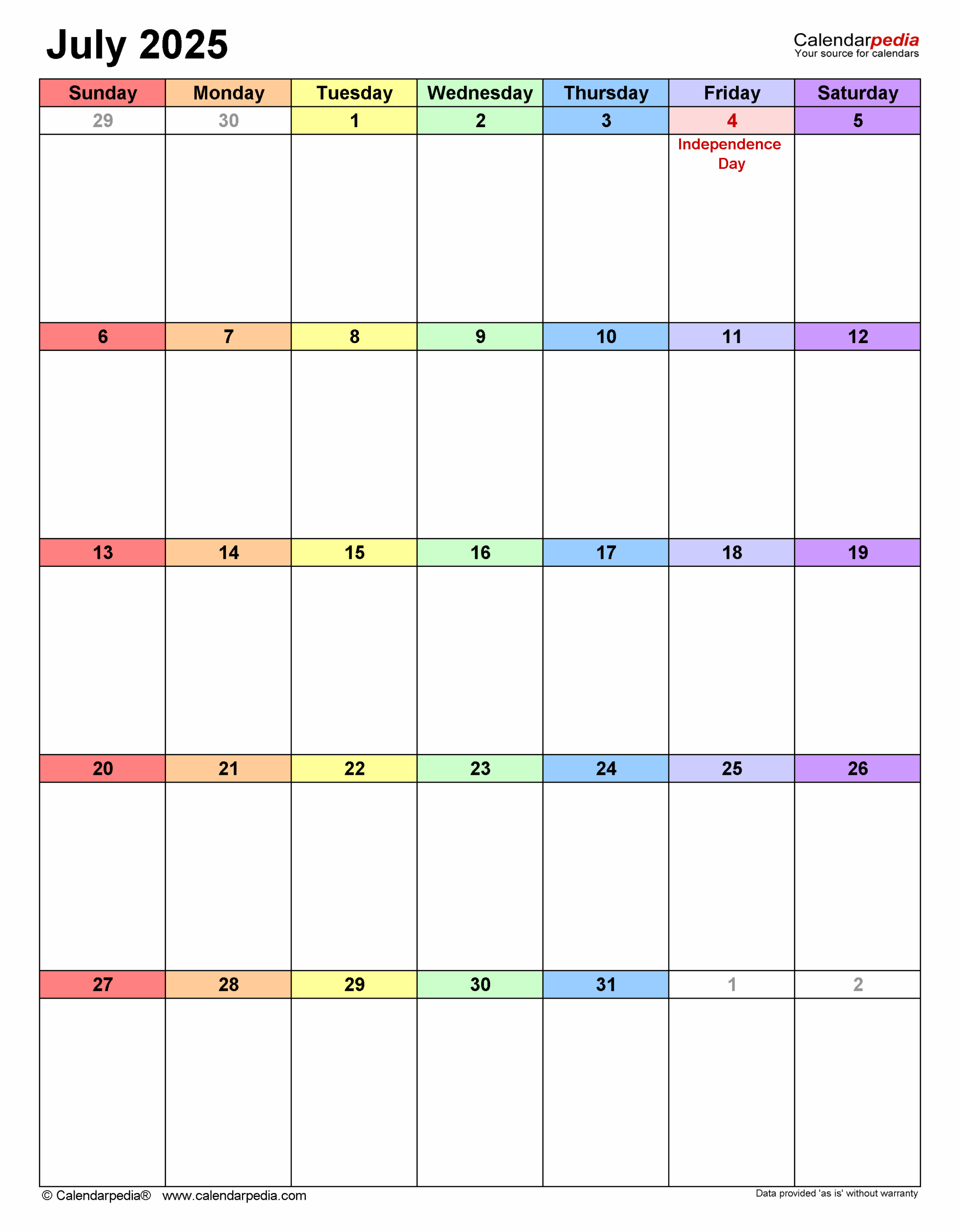 July 2025 Calendar Templates For PDF Excel And Word