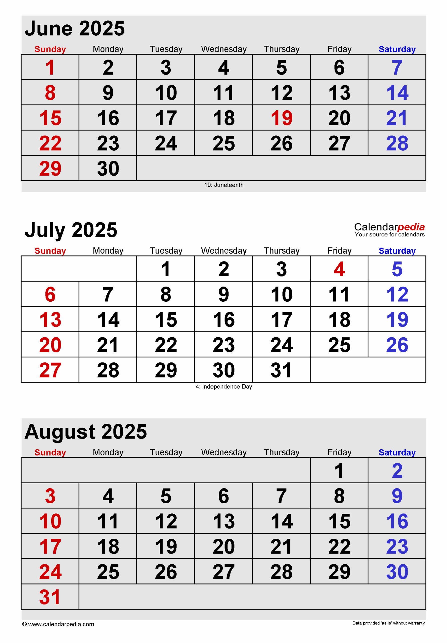 Calendar June July August 2025 Printable 2