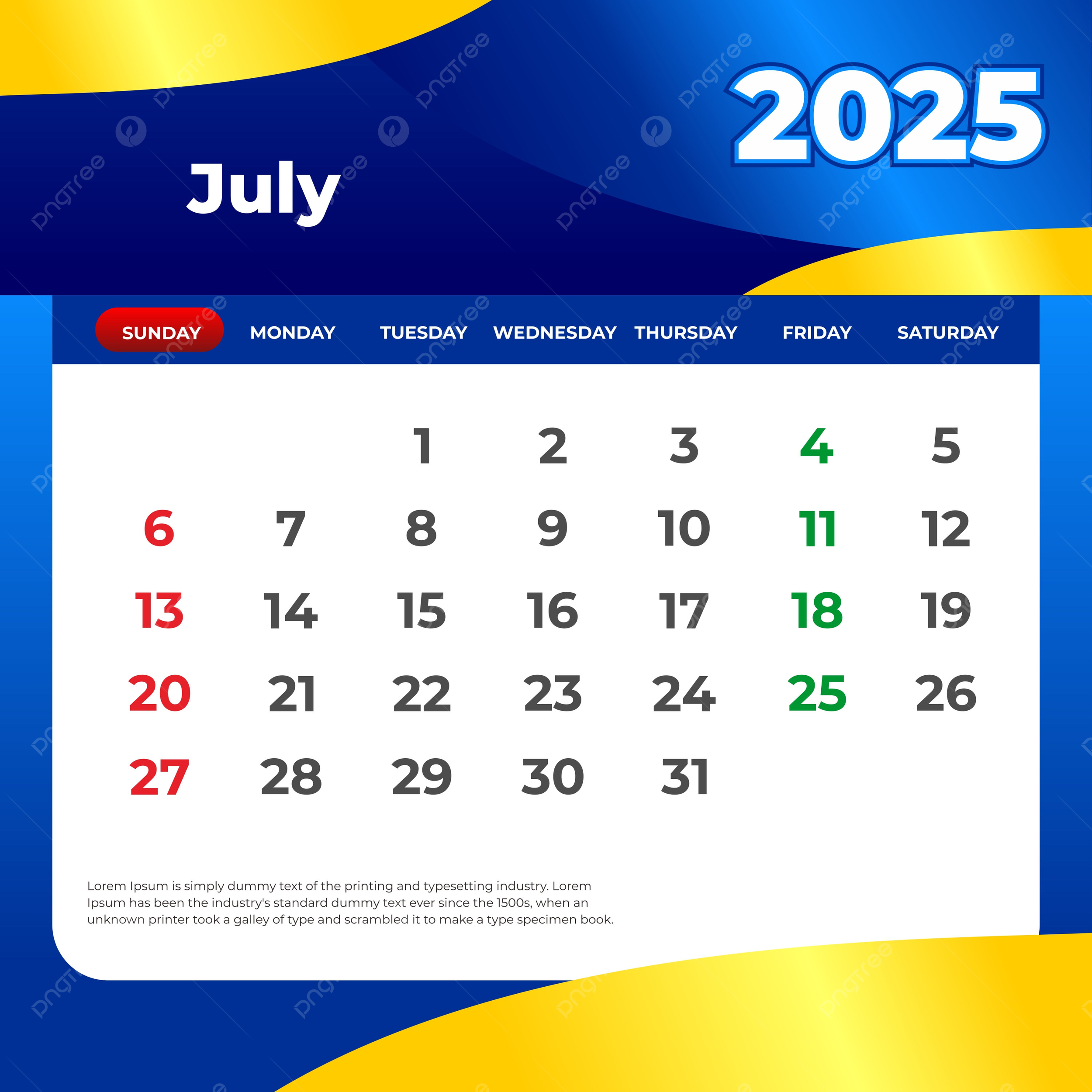 July 2025 Calendar Vector Template Download On Pngtree