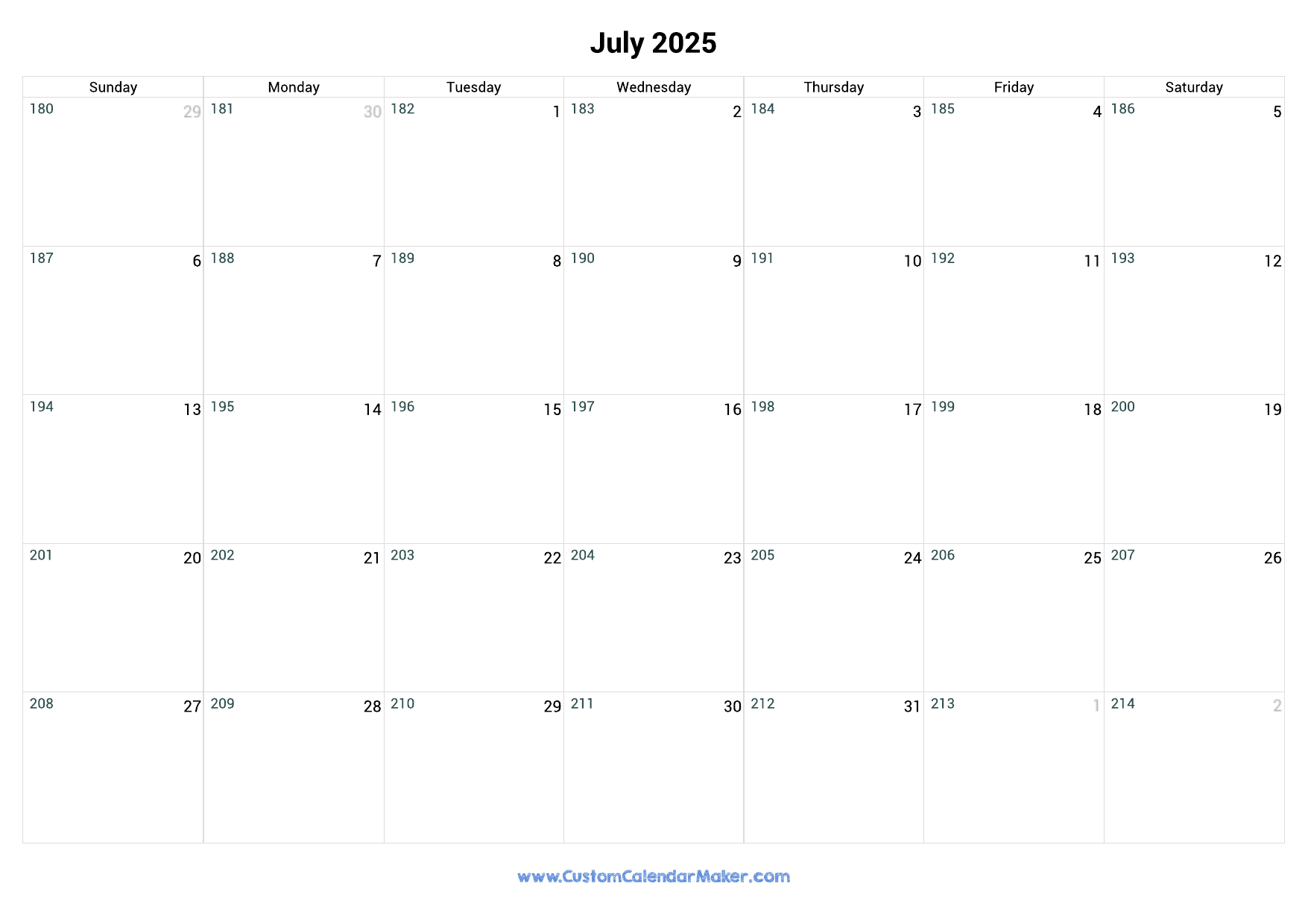 July 2025 Day Number Of The Year Calendar Custom Calendar Maker