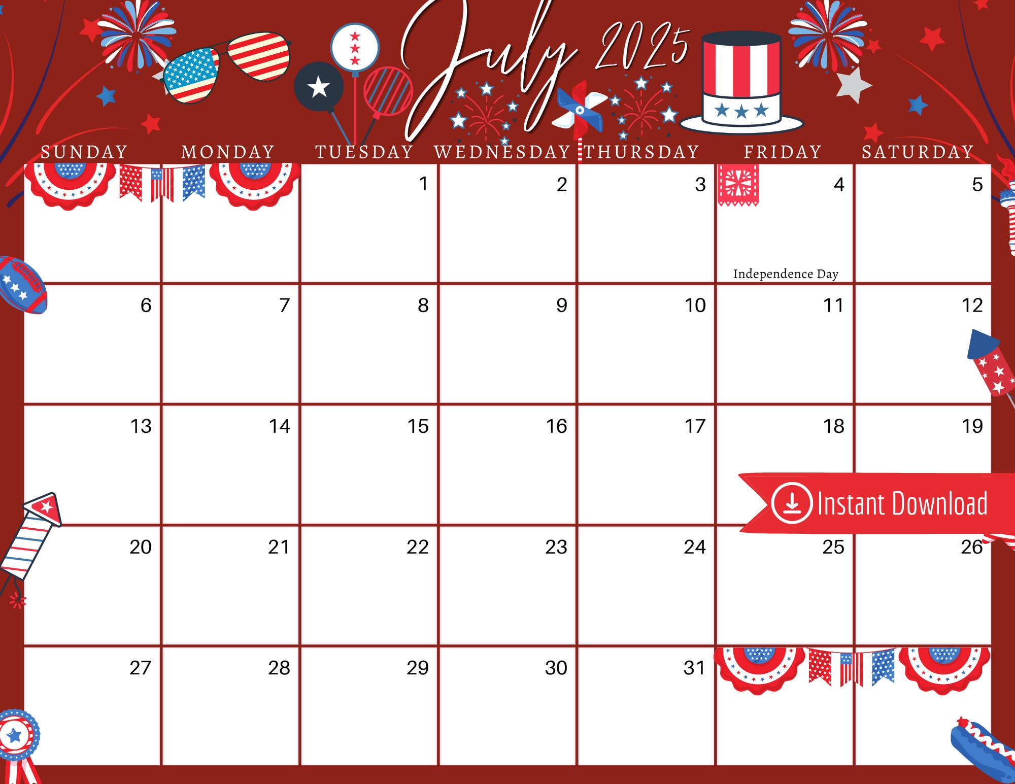 4 July 2025 Calendar Printable