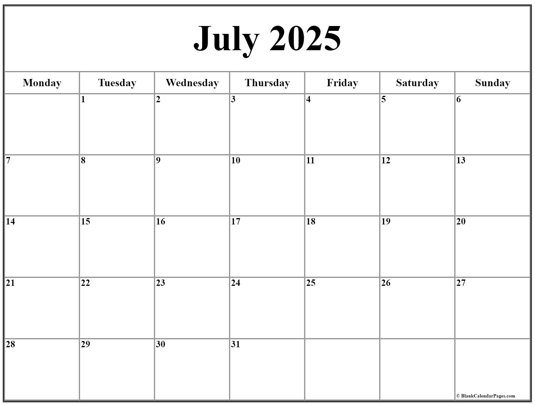 July 2025 Monday Calendar Monday To Sunday