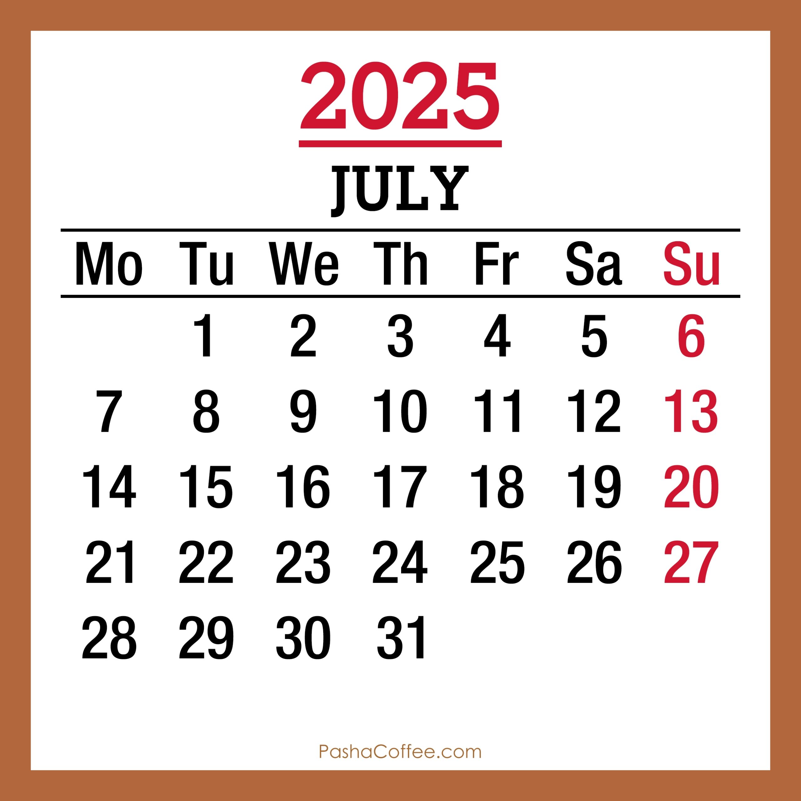 24 July 2025 Calendar Printable