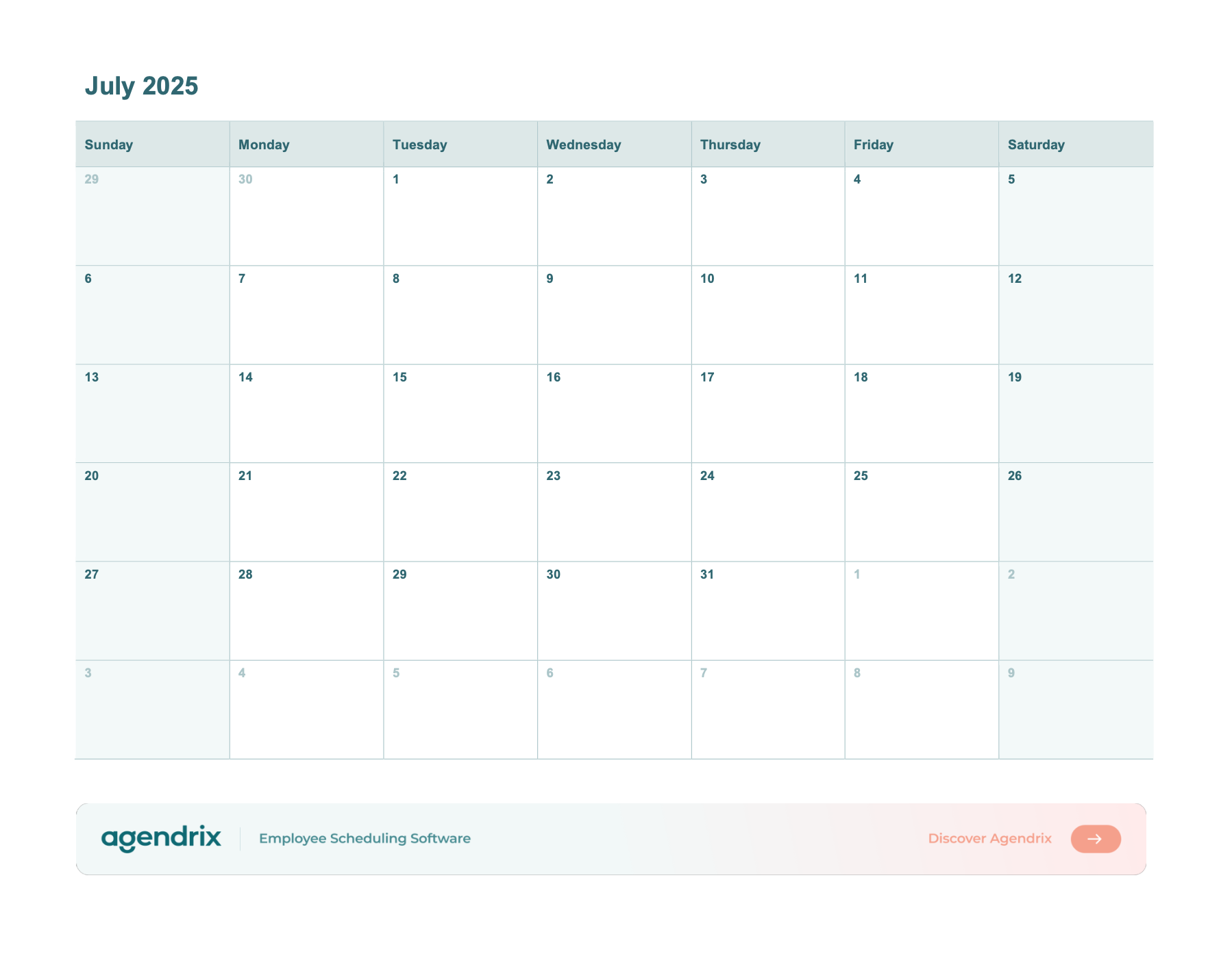 July 2025 Printable Calendar Word Excel PDF Agendrix