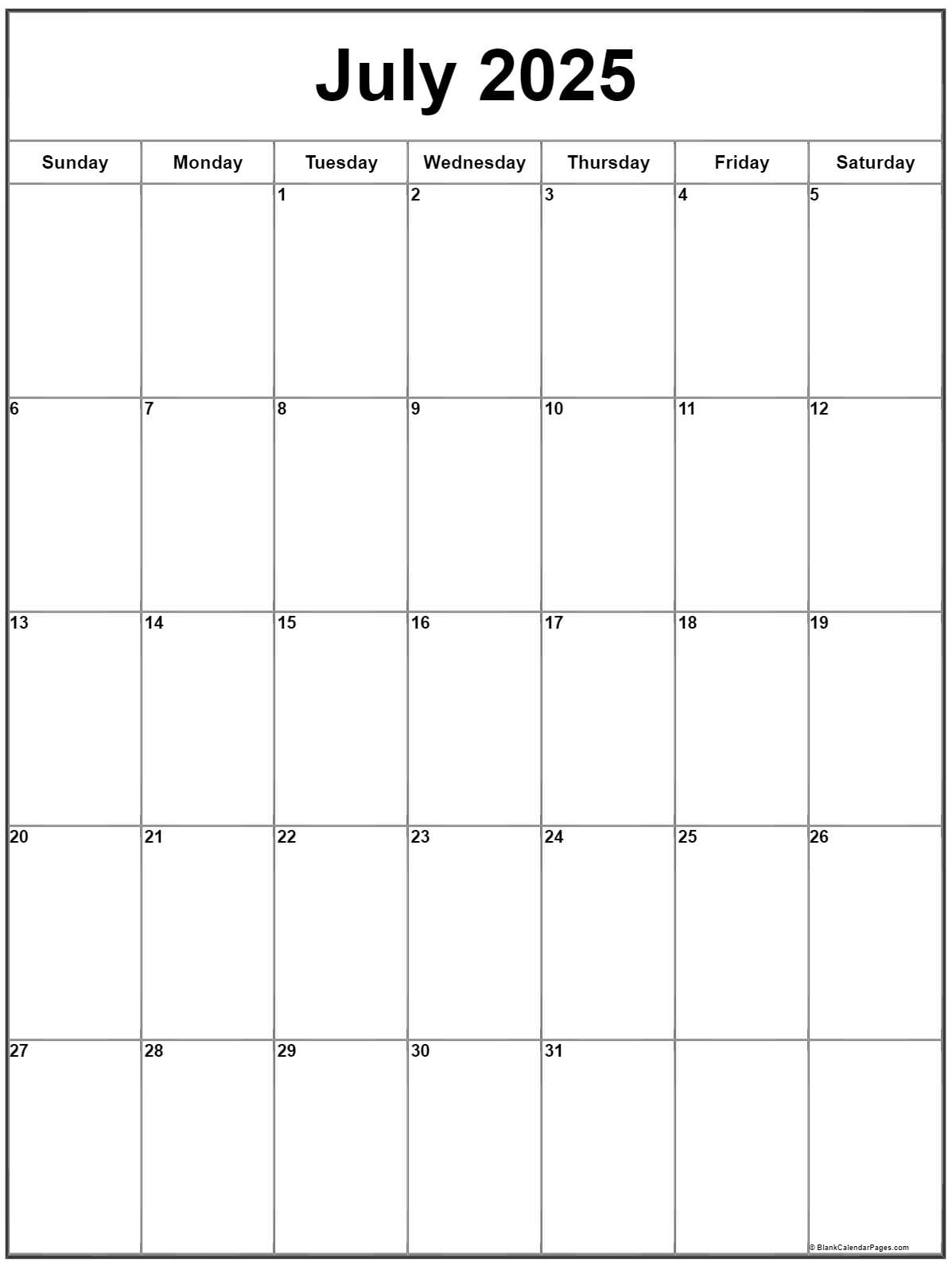 July 2025 Vertical Calendar Portrait