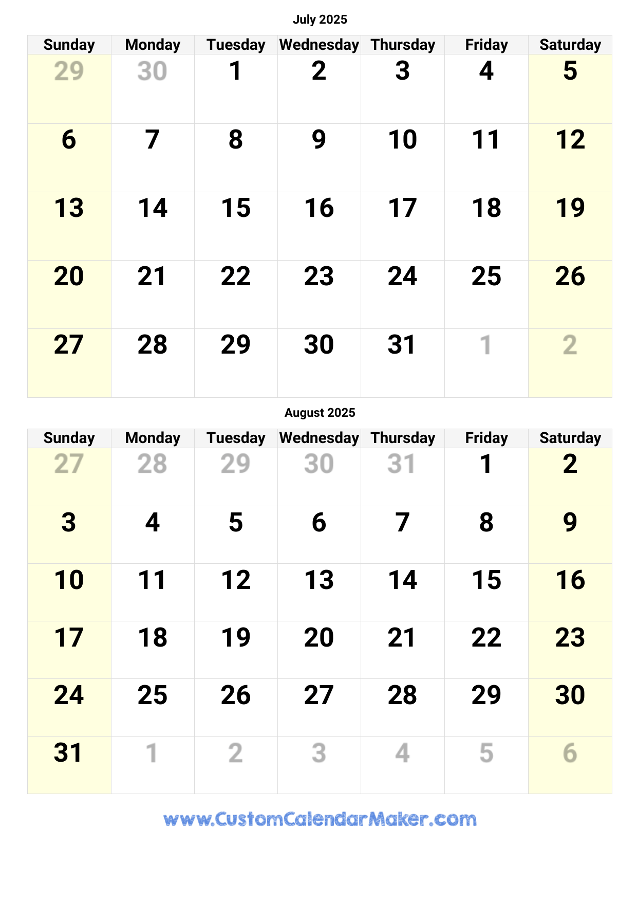 July And August 2025 Calendar Custom Calendar Maker