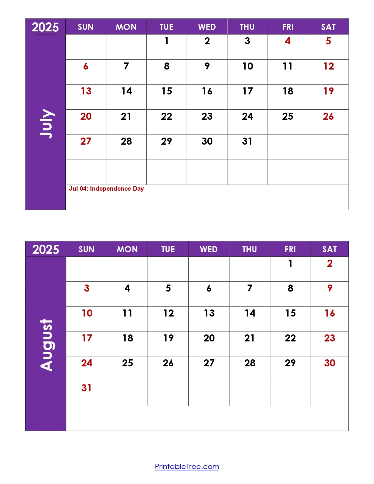 July And August 2025 Calendar Printable PDF Two Months Calendar
