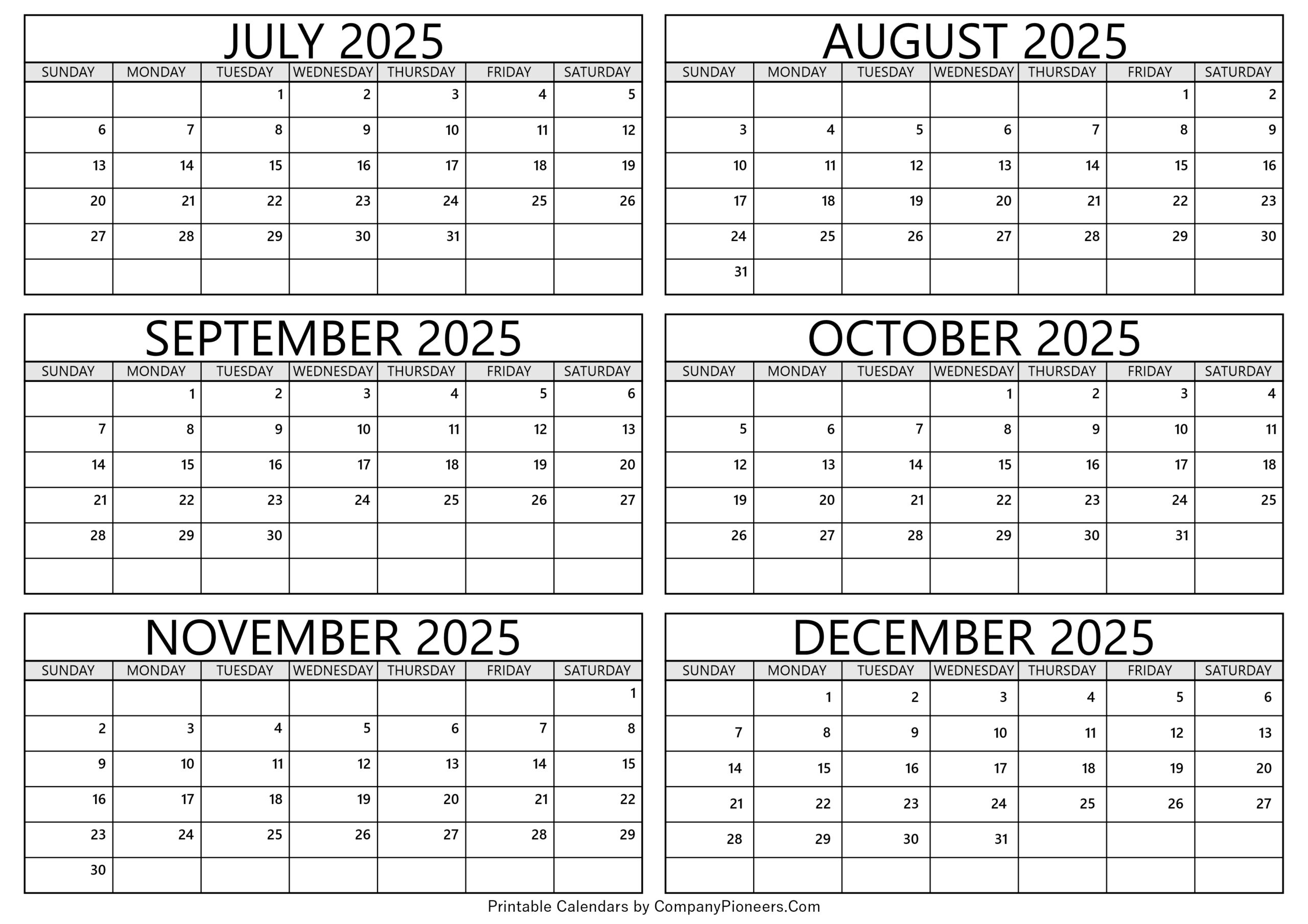 July To December 2025 Calendar Template