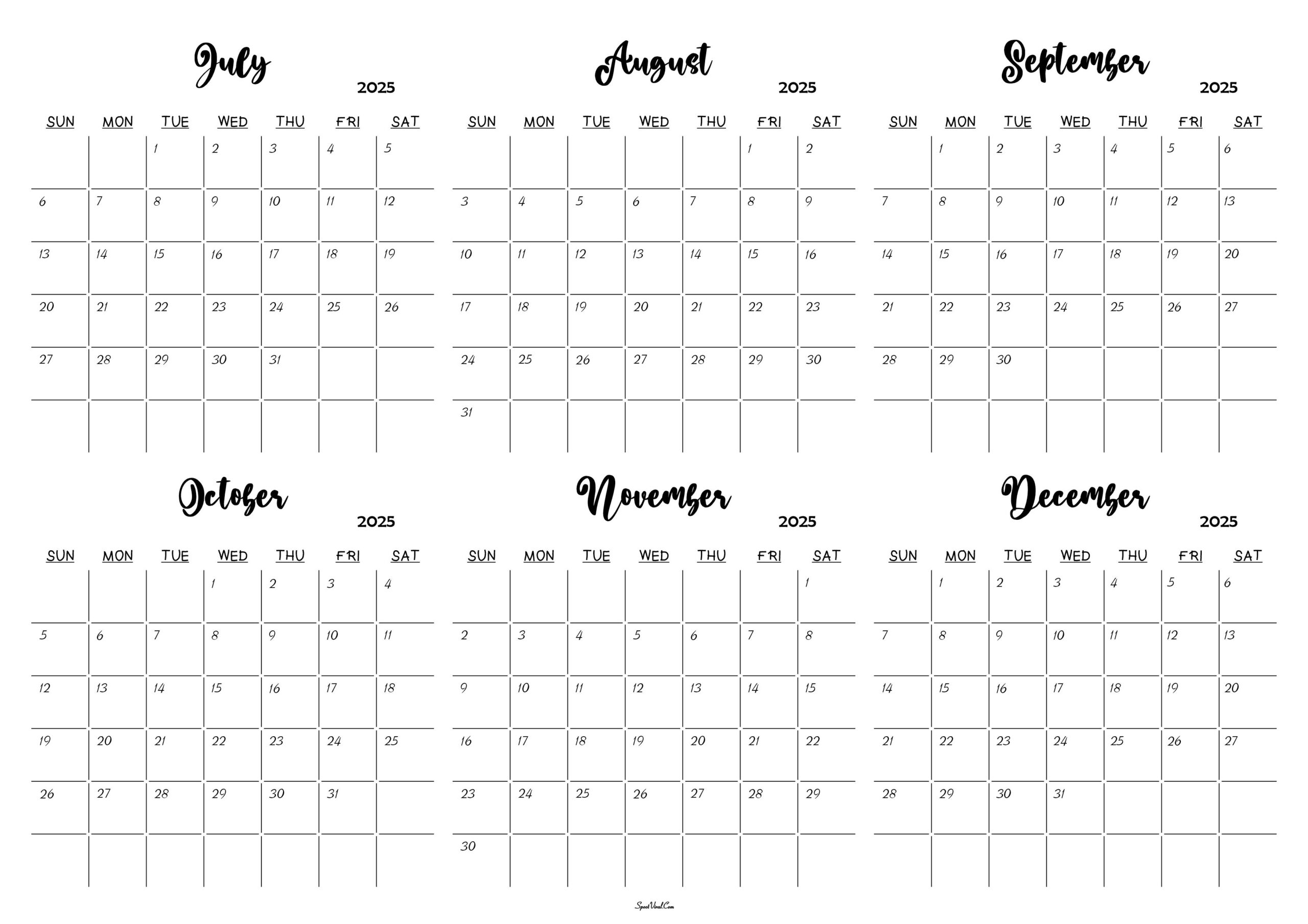 July To December 2025 Calendar Templates