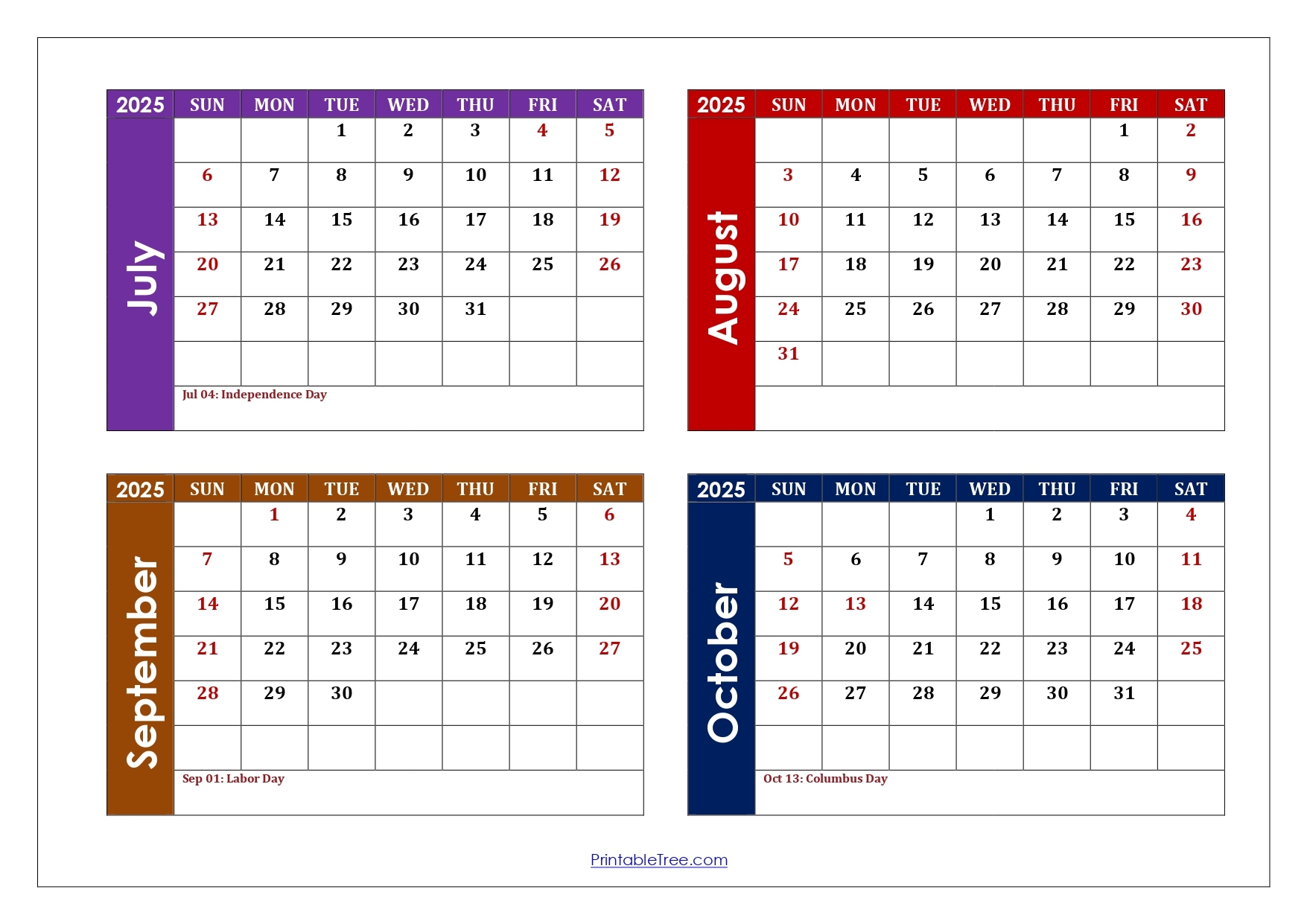 July August September October Calendar 2025
