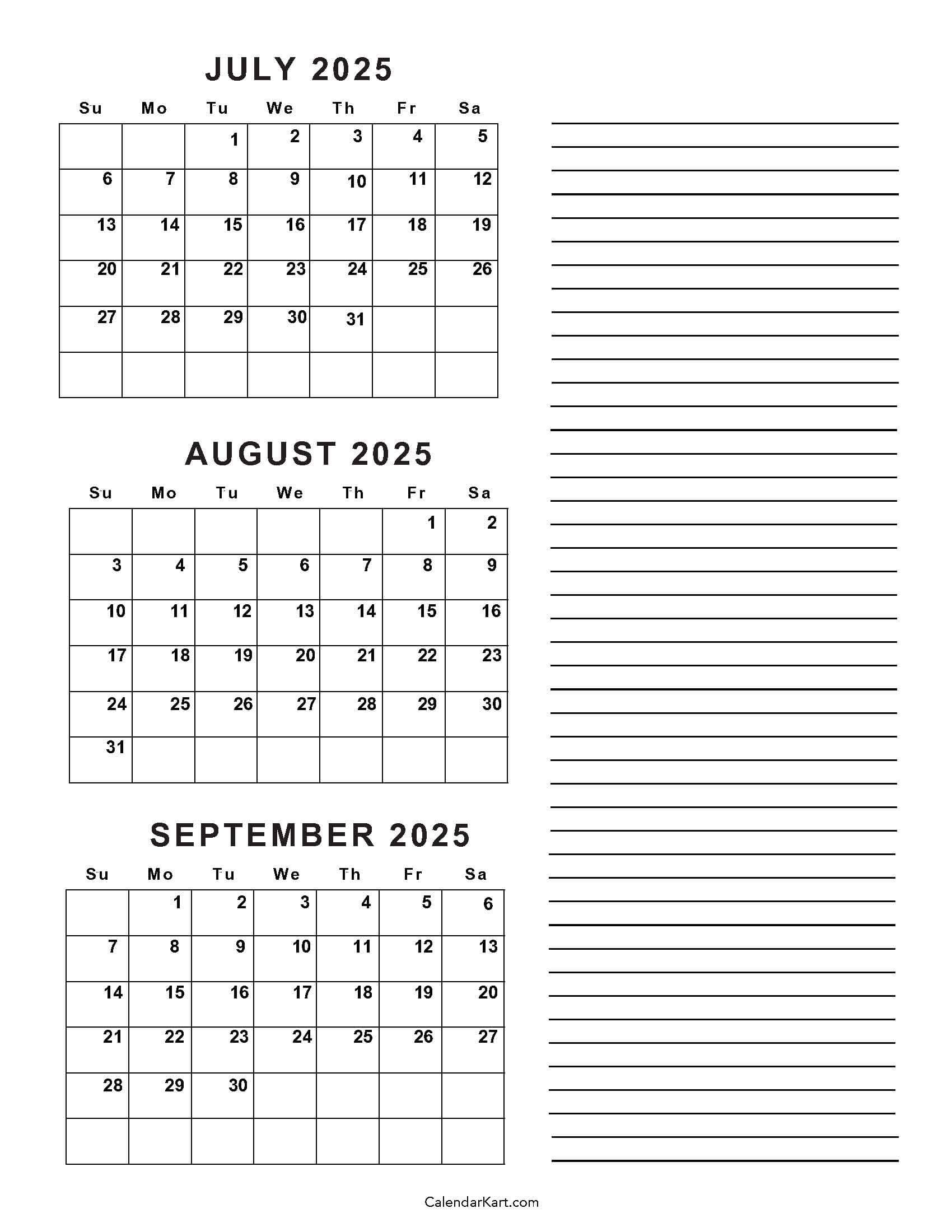 July To September 2025 Calendar Q3 CalendarKart