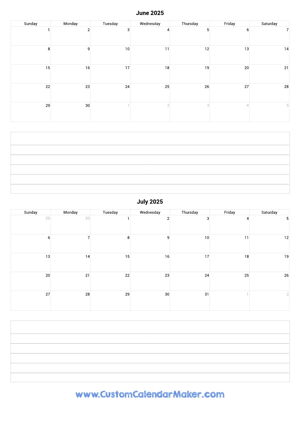 Calendar For June July 2025