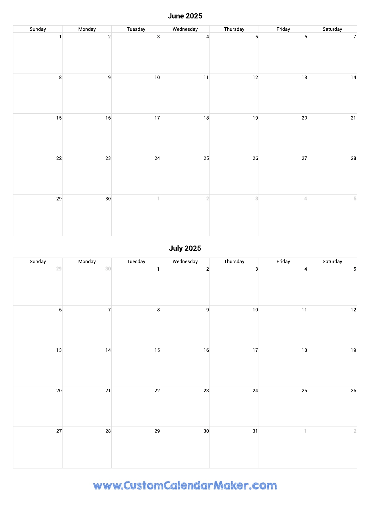 June And July 2025 Calendar Custom Calendar Maker