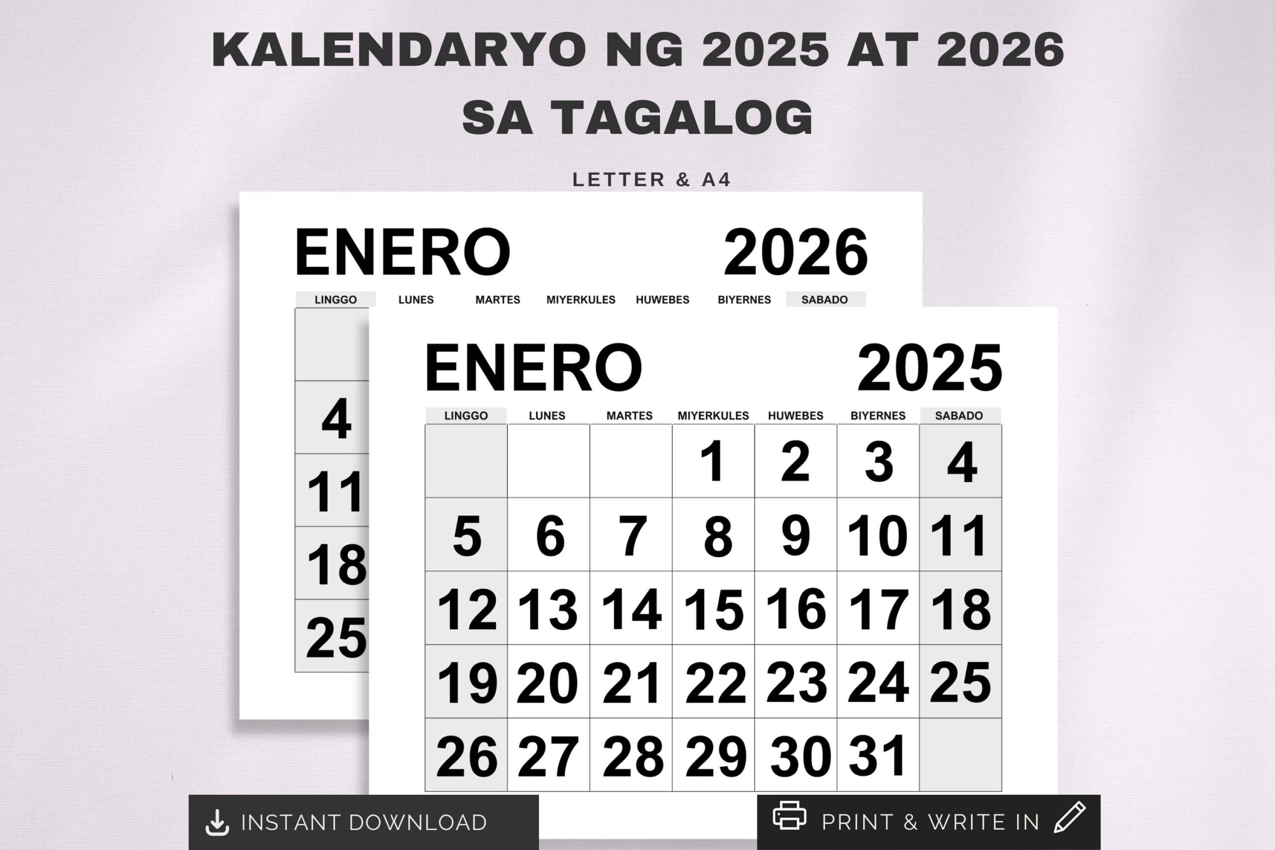 Kalendaryo Ng 2025 At 2026 Sa Tagalog Printable 2025 2026 Filipino Calendar Monday U0026 Sunday Start Philippines Calendar 2025 2026 Etsy