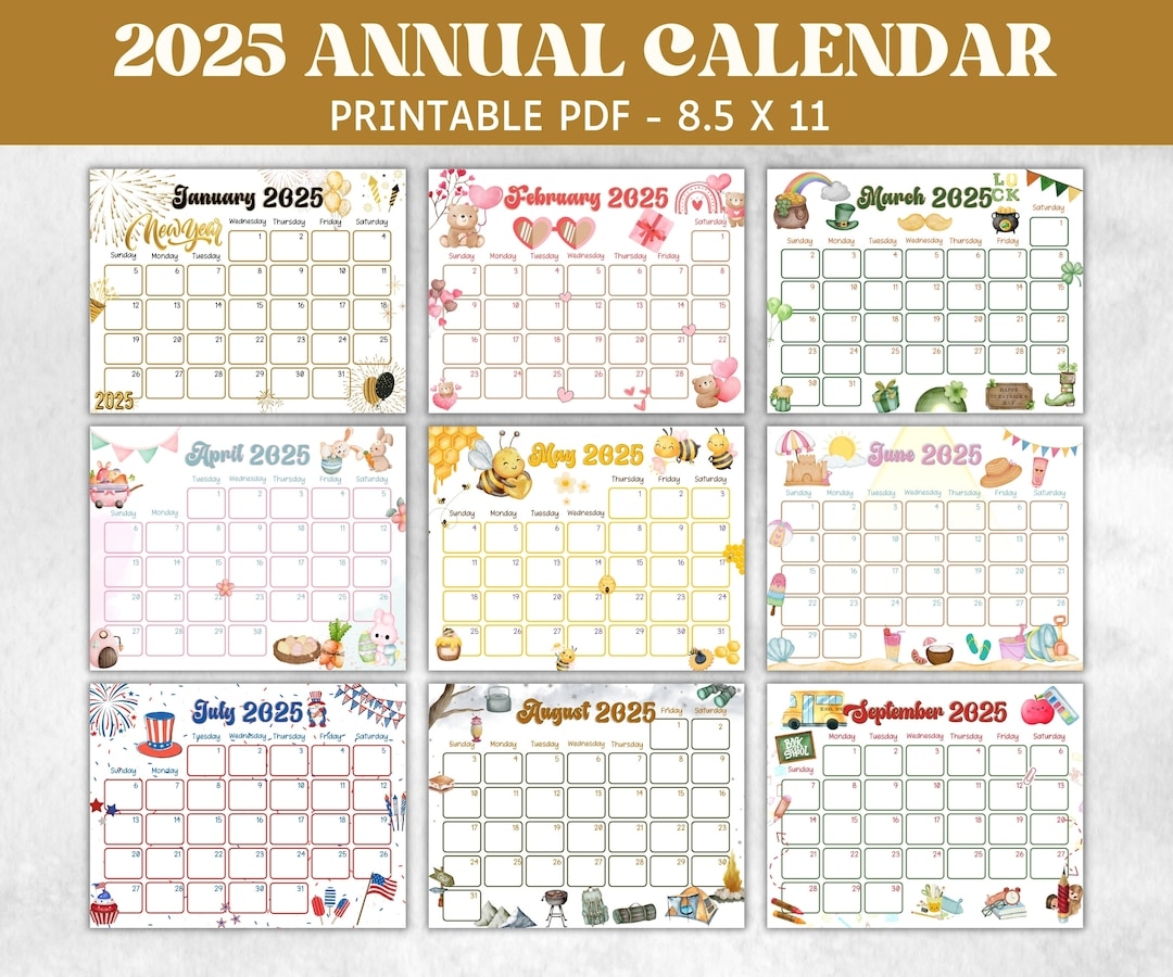 Kids Annual Monthly 2025 Calendar Printable 2025 Calendar 