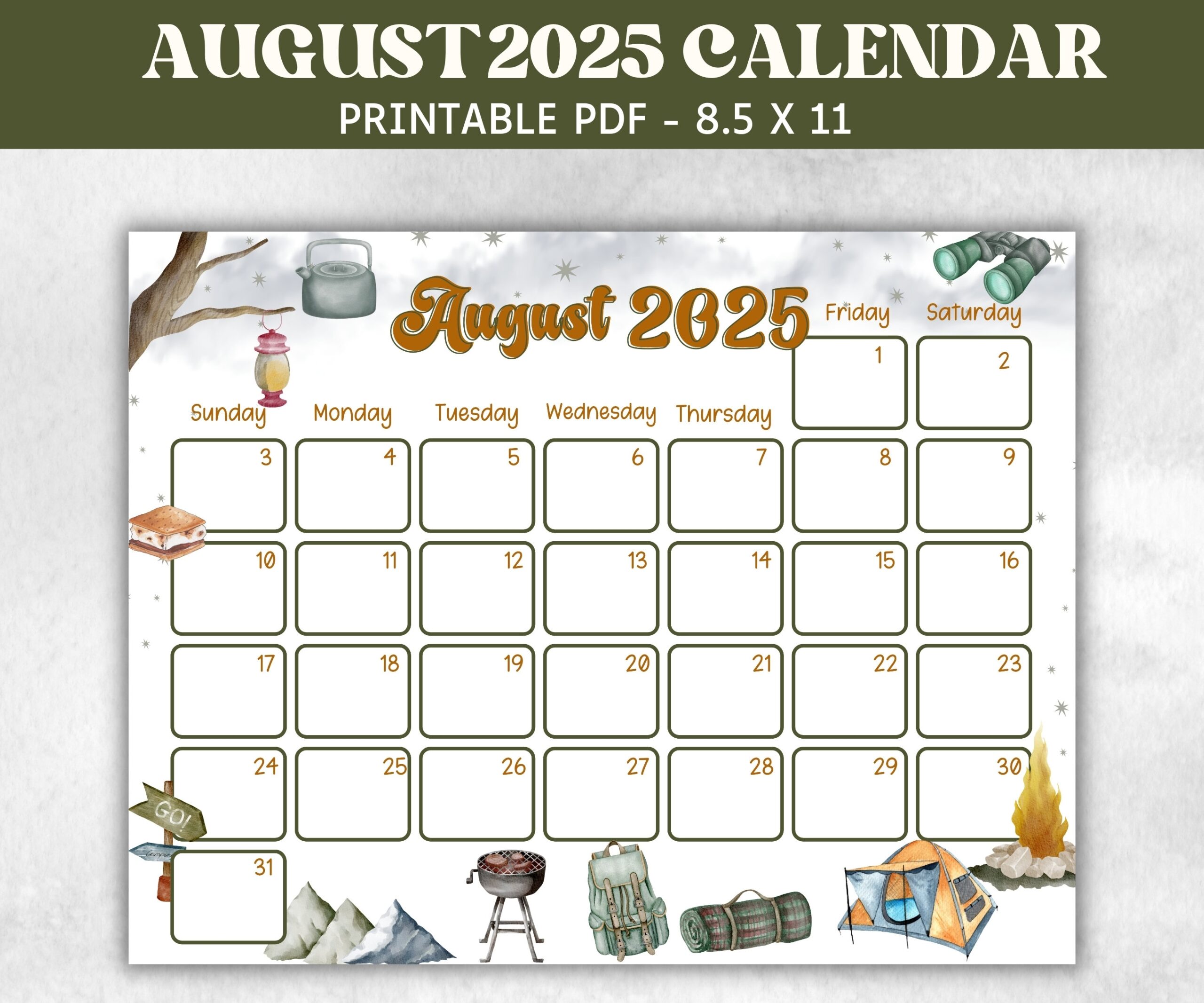 August Weekly 2025 Calendar Printable