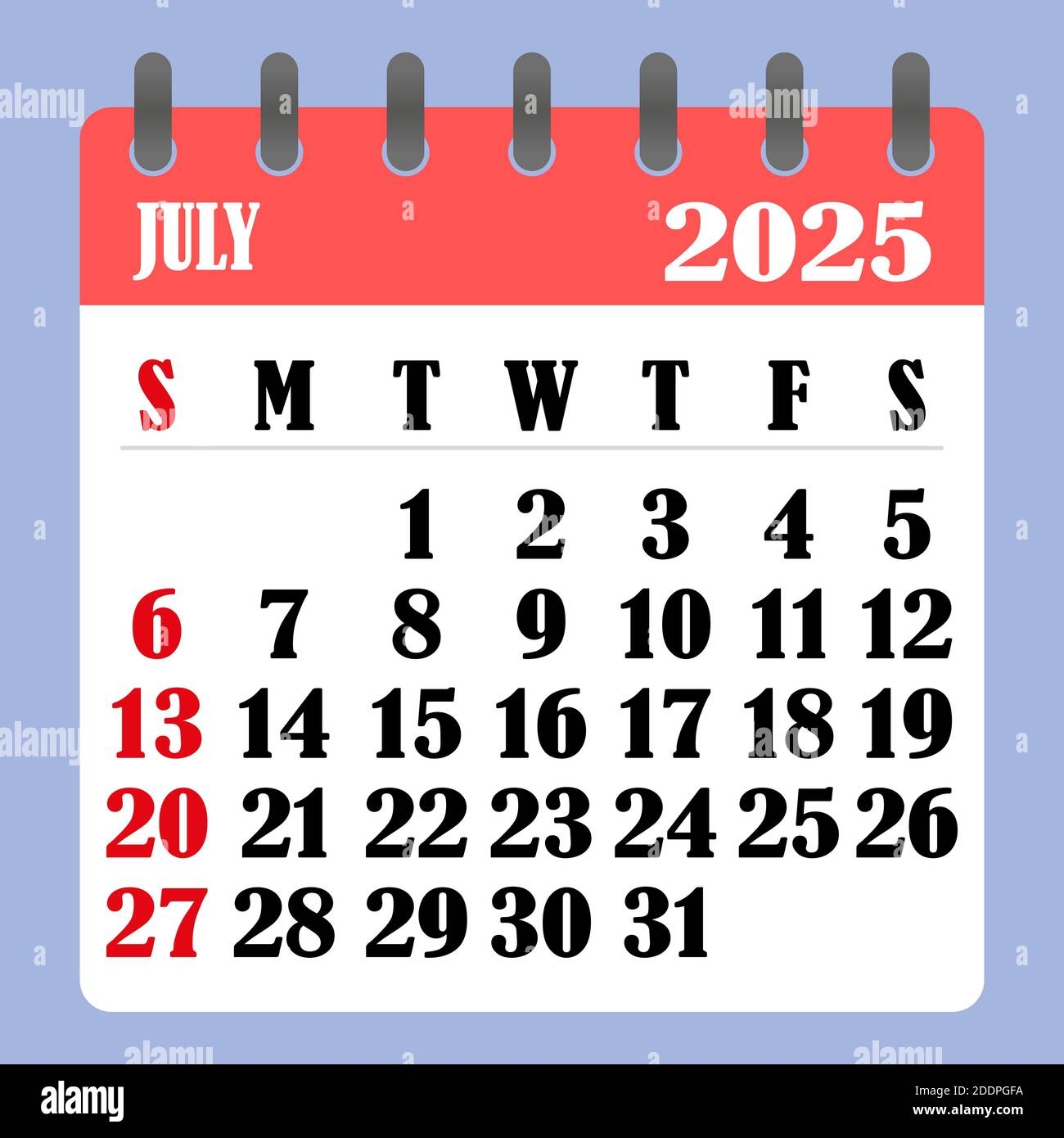 Letter Calendar For July 2025 The Week Begins On Sunday Time Planning And Schedule Concept Flat Design Removable Calendar For The Month Vector I Stock Vector Image U0026 Art Alamy