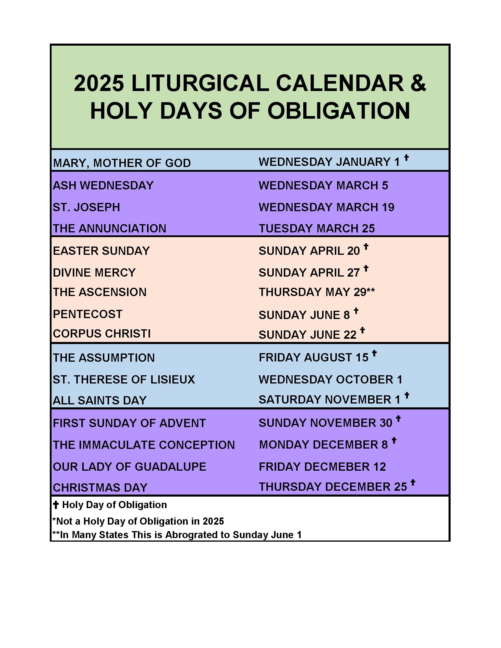 Liturgical Feast Days Calendar Printable Etsy