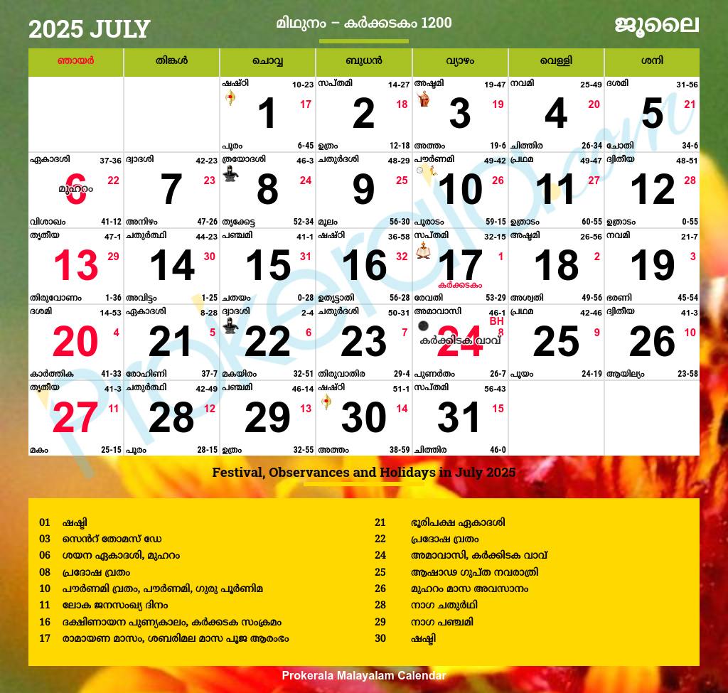 Malayalam Calendar 2025 July