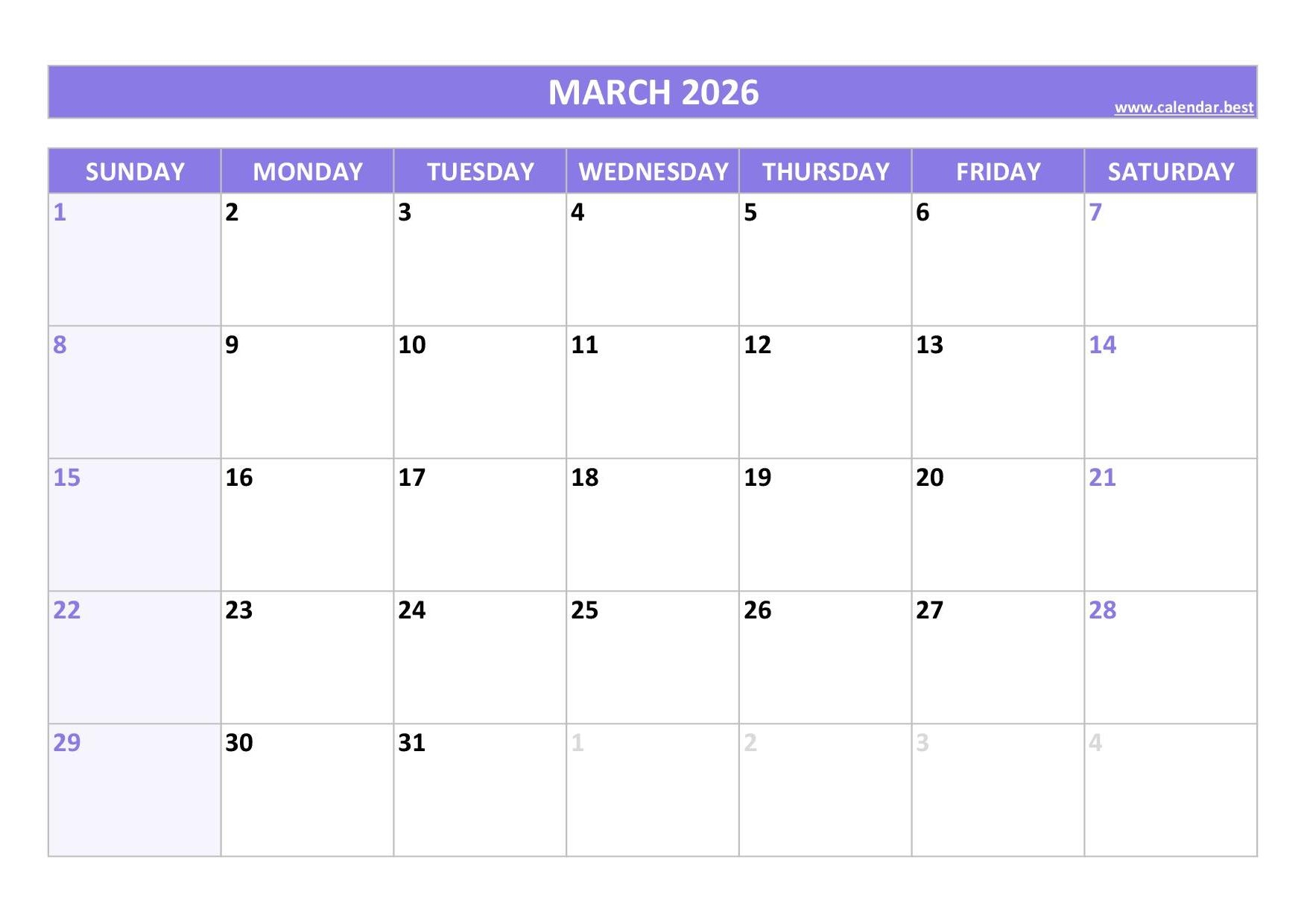 Free Printable Blank March Calendar 2026
