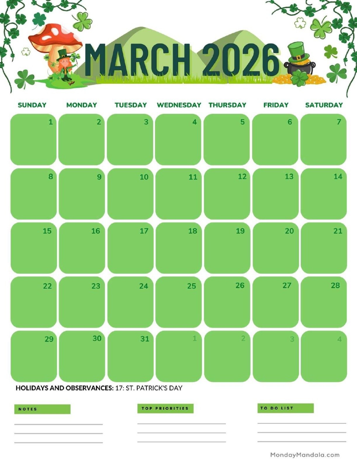 Free Printable 2026 Monthly Calendar March