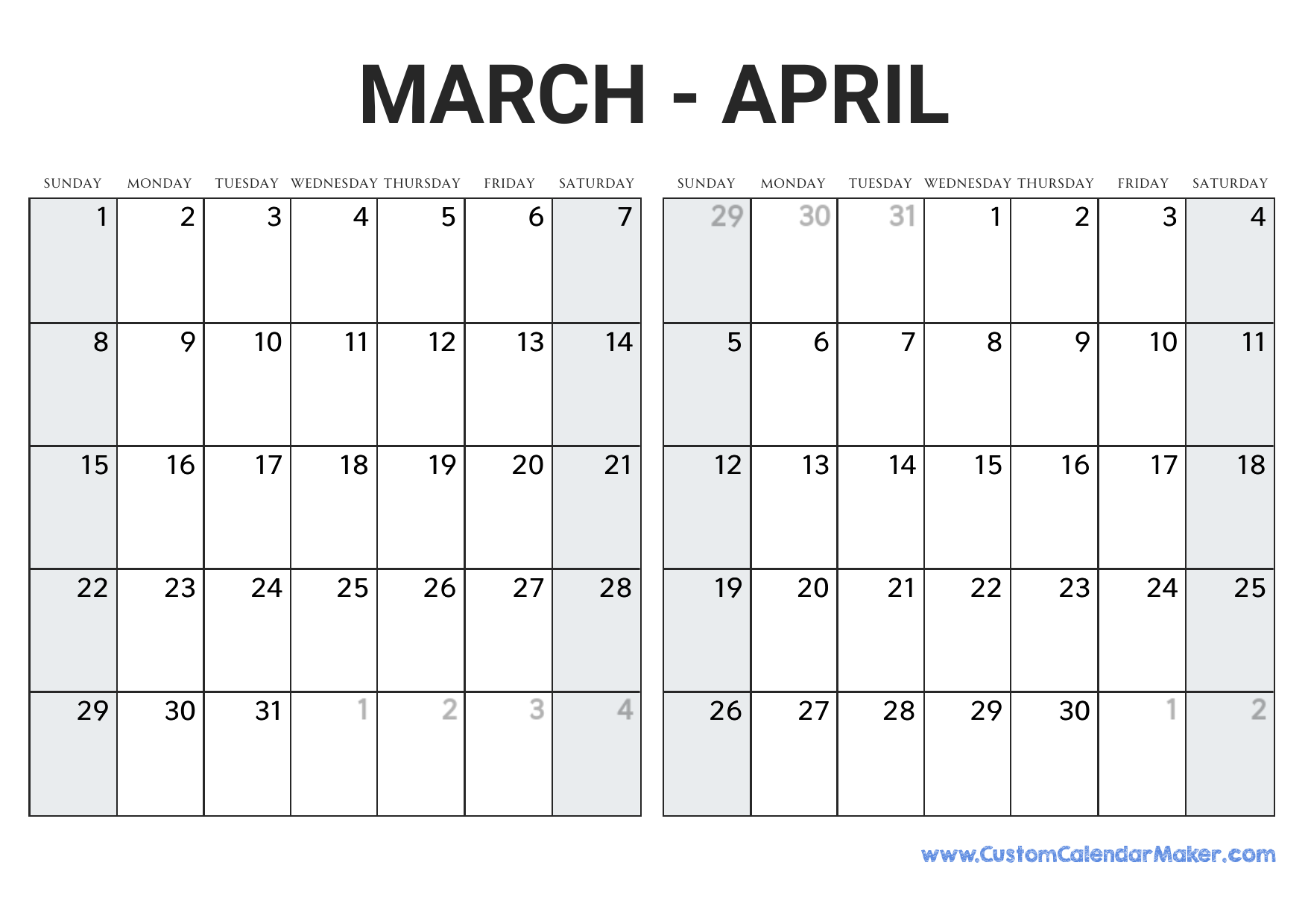 Printable Calendar 2026 March April