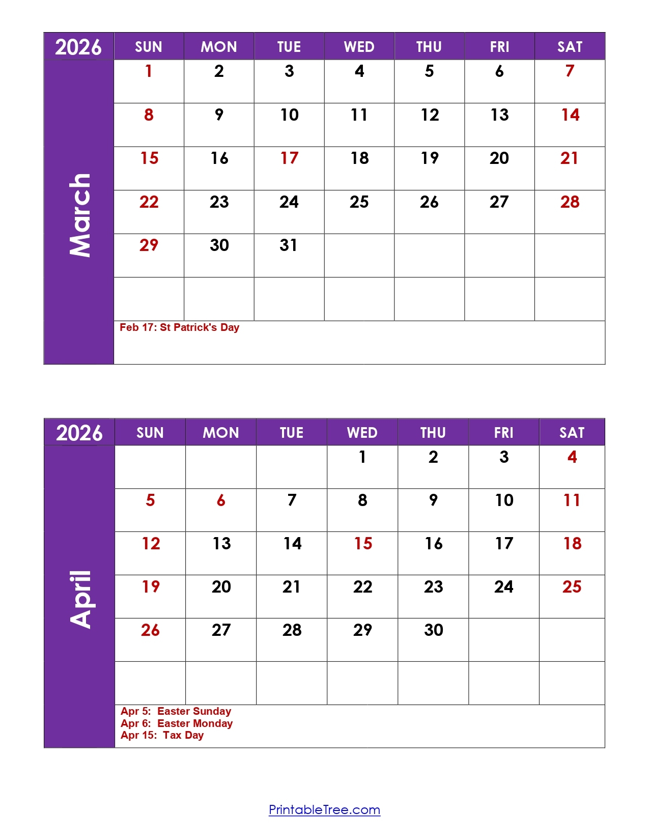 March And April 2026 Calendar Printable PDF 2 Month Calendar 