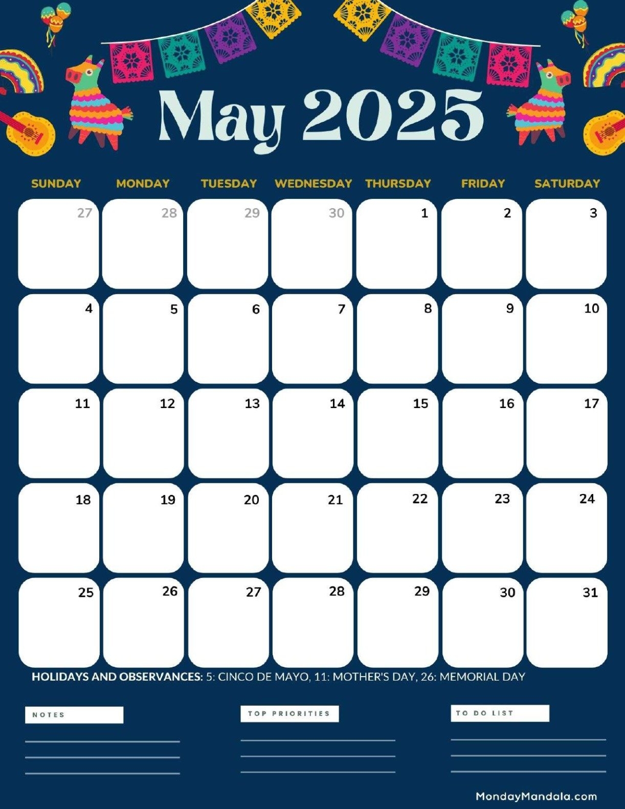 Free Printable 2025 Calendar With Holidays May