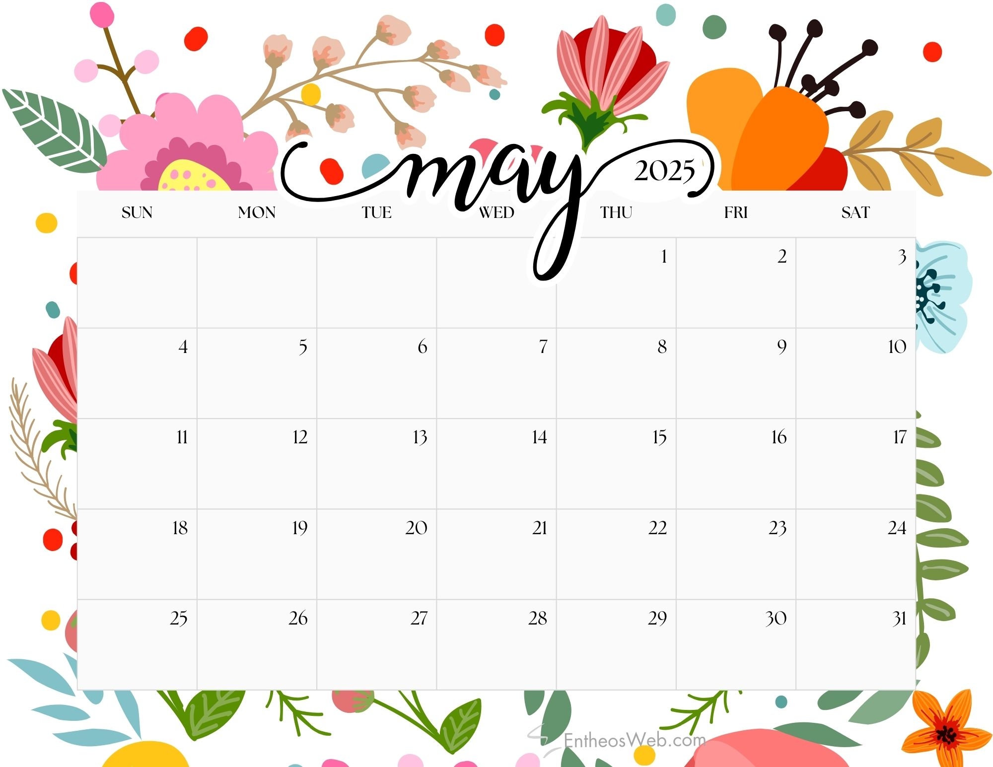 Free Printable Blank May 2025 Calendar