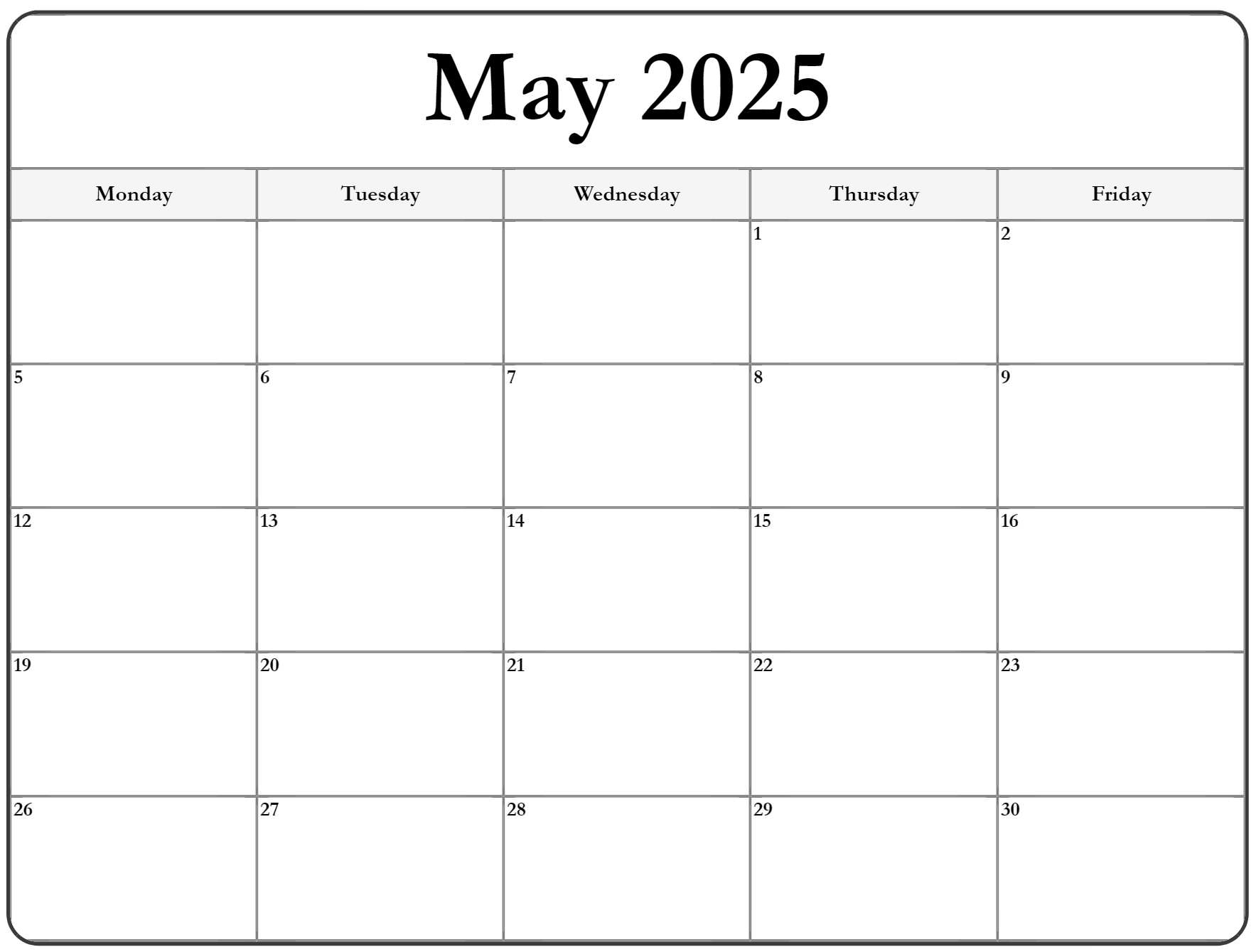 May 2025 Monday Calendar Monday To Sunday
