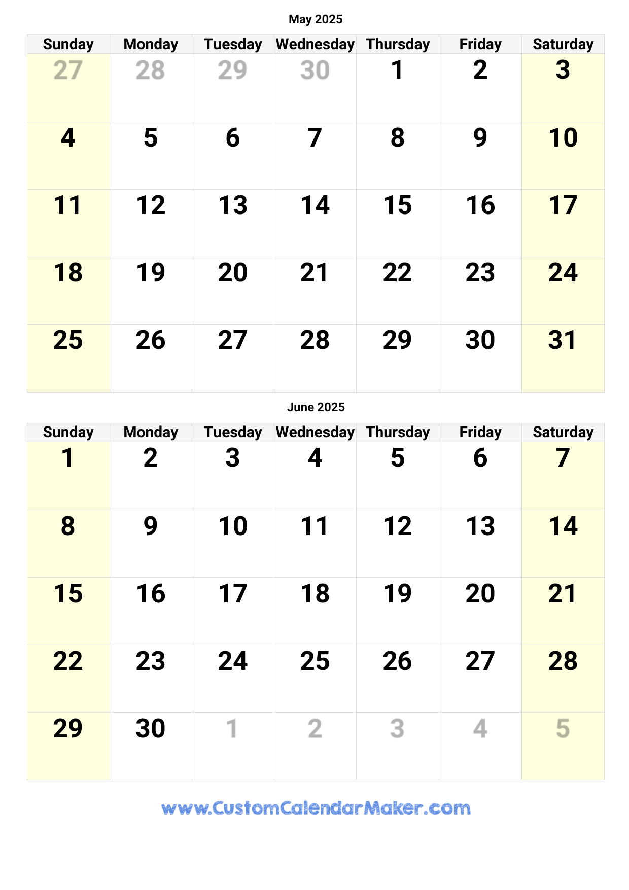 Free Printable Calendar 2025 May And June