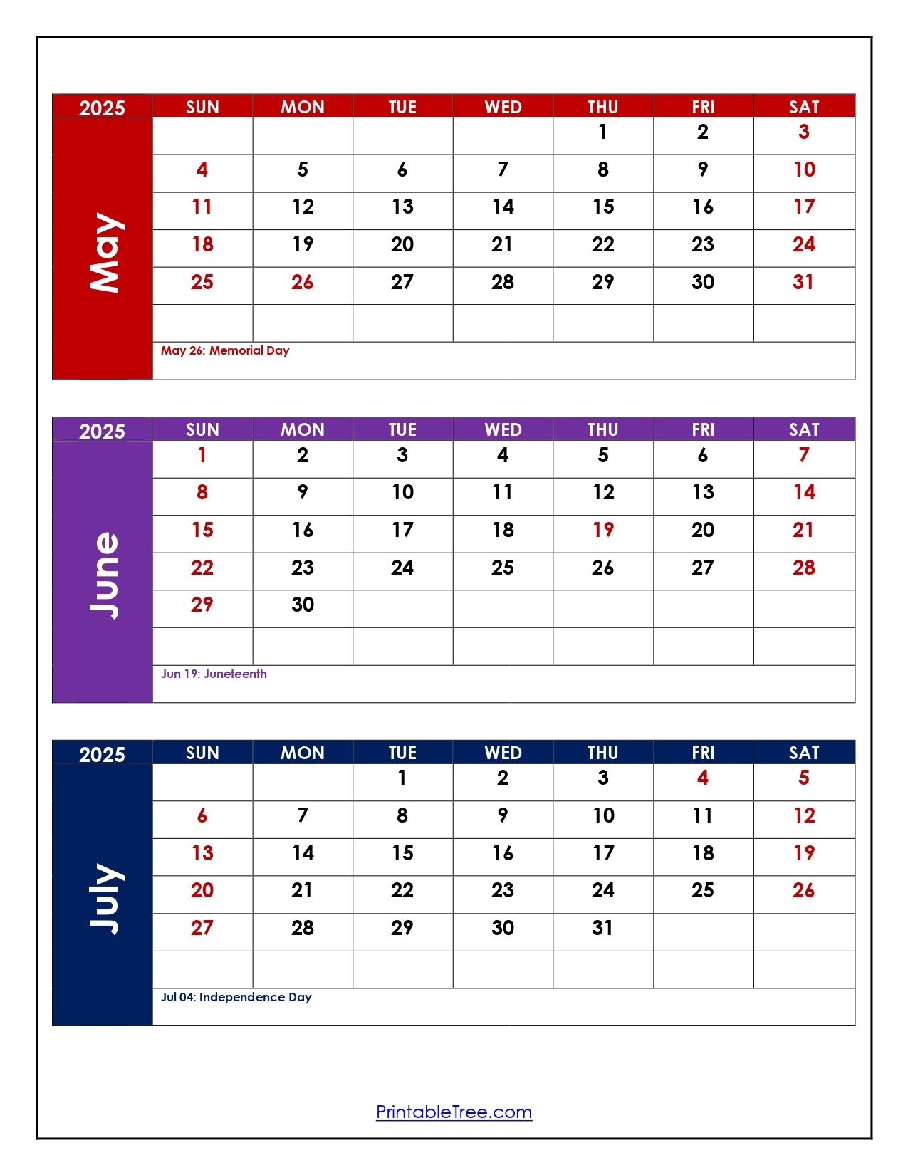May To July 2025 Calendar Printable PDF Three Months Calendar