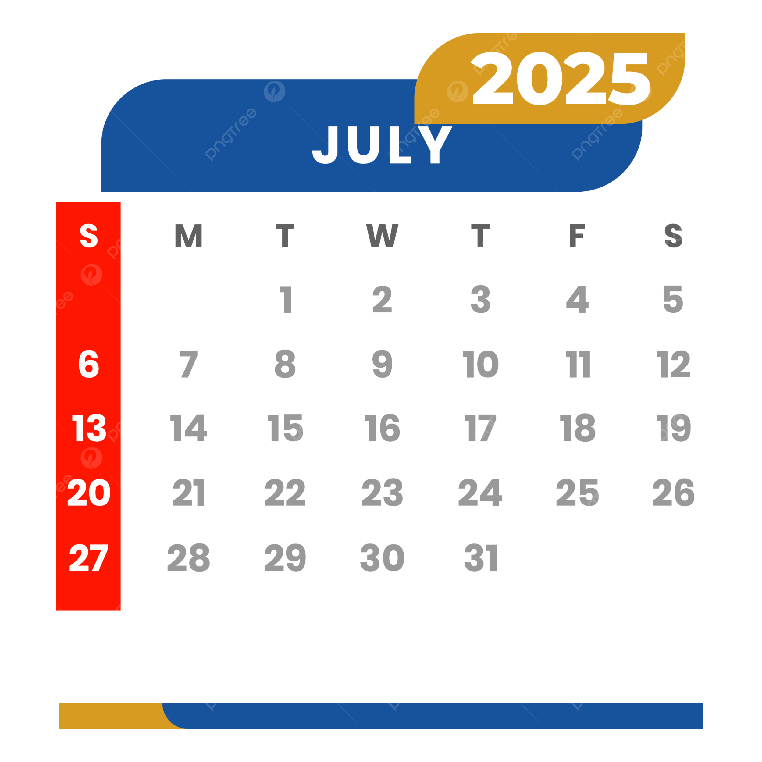 Monthly Calendar July 2025 Clipart Vector Monthly Calendar July 2025 Calendar 2025 PNG And Vector With Transparent Background For Free Download