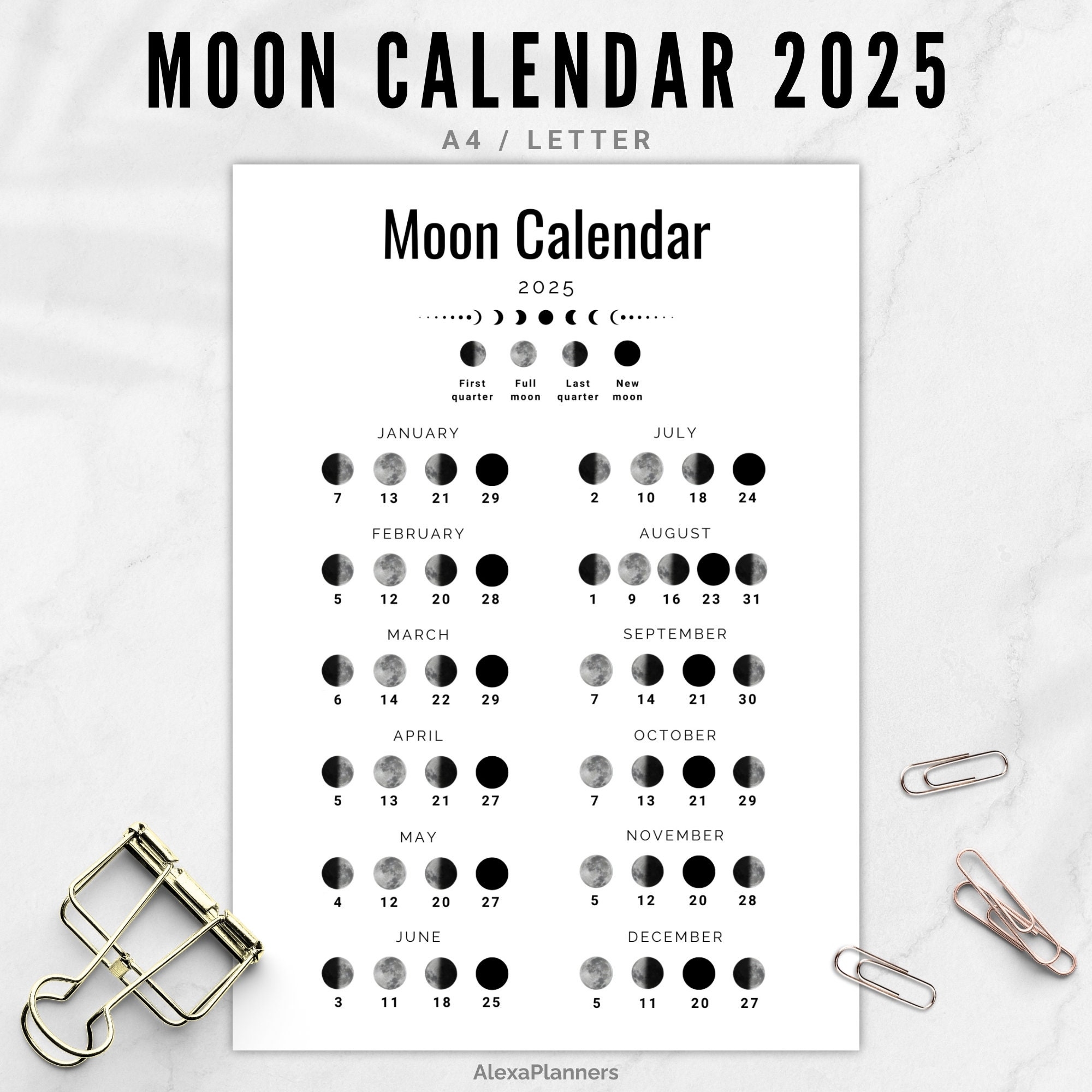 Moon Phase Calendar 2025 A4 LETTER Size Lunar Calendar Etsy