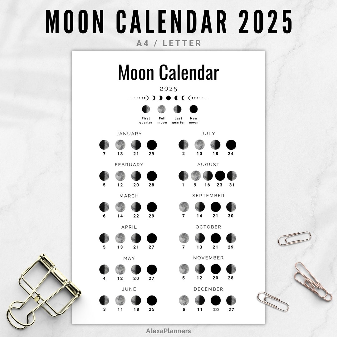Moon Phase Calendar 2025 A4 LETTER Size Lunar Calendar Etsy