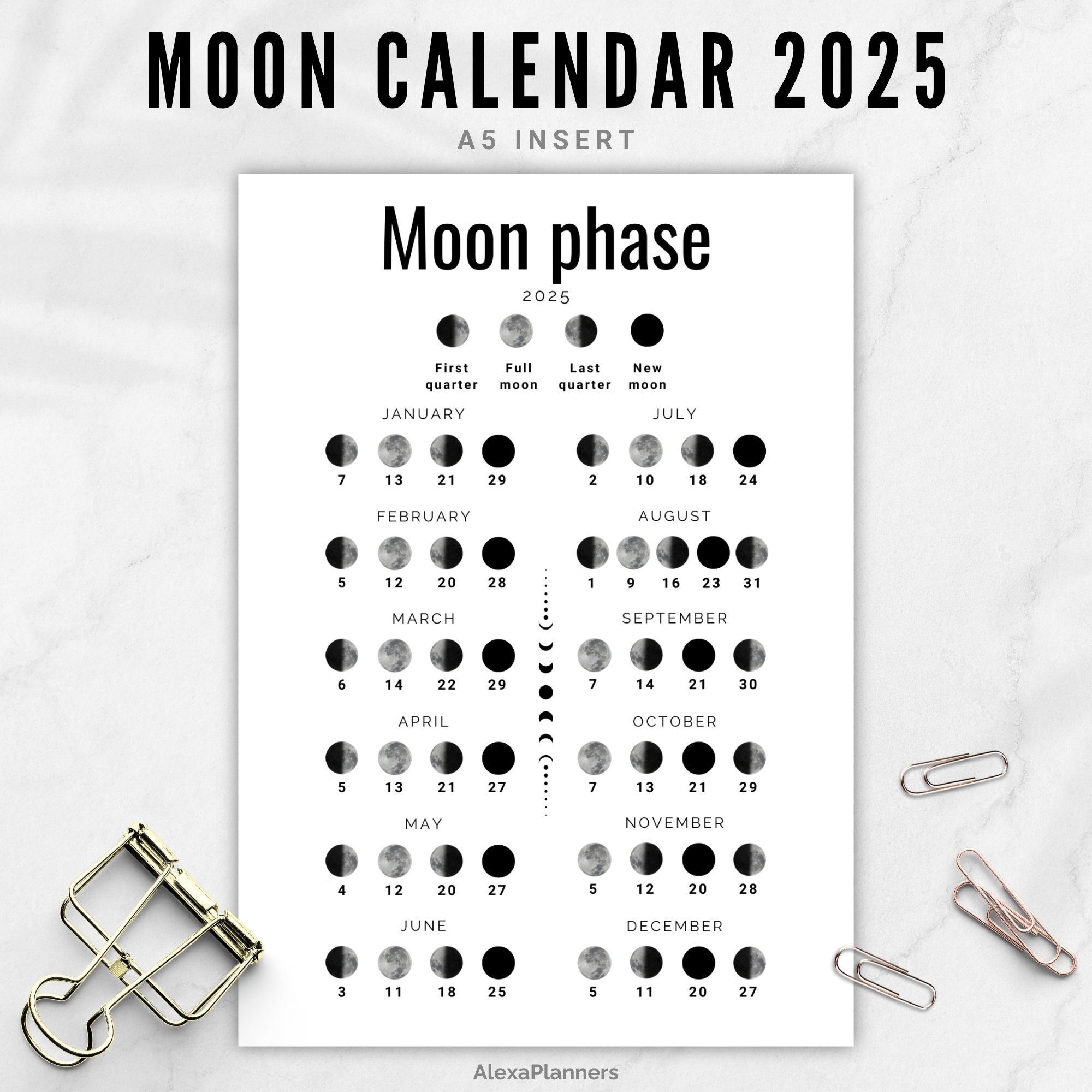 Moon Phase Calendar 2025 Lunar Calendar A5 Planner Inserts Etsy