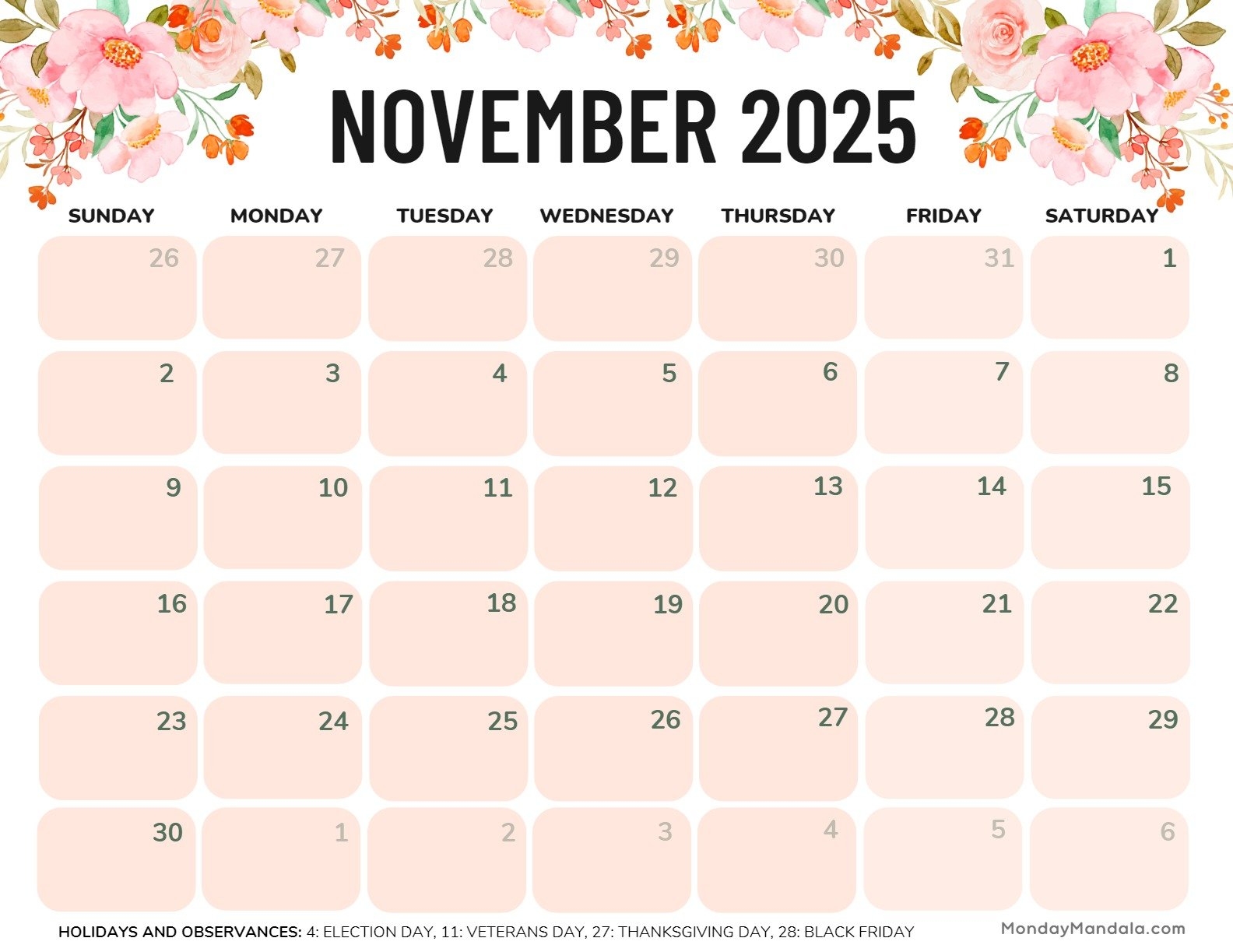 November 2025 Calendar 52 Free PDF Printables 