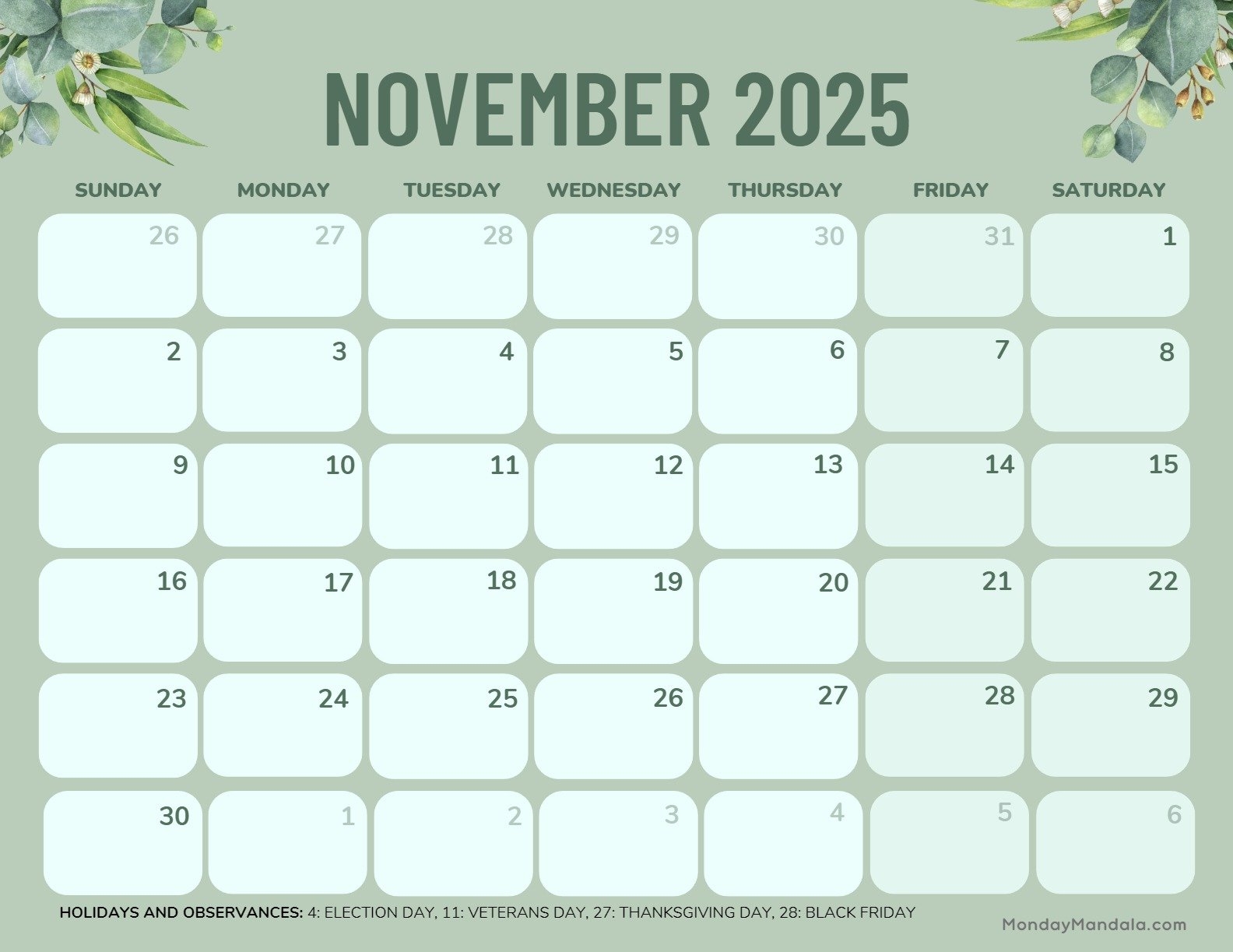 November 2025 Calendar 52 Free PDF Printables 