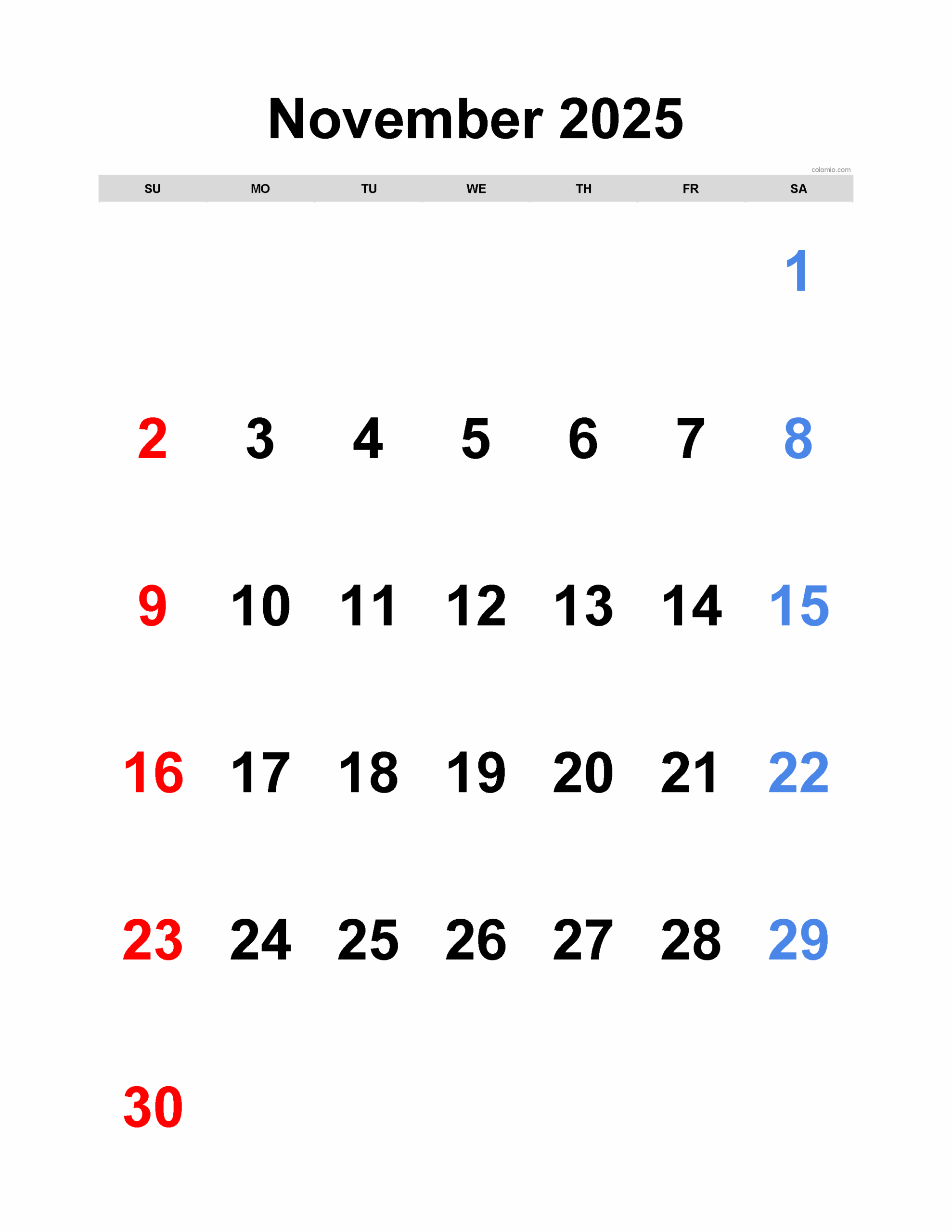 Free Printable Portrait Calendar November 2025