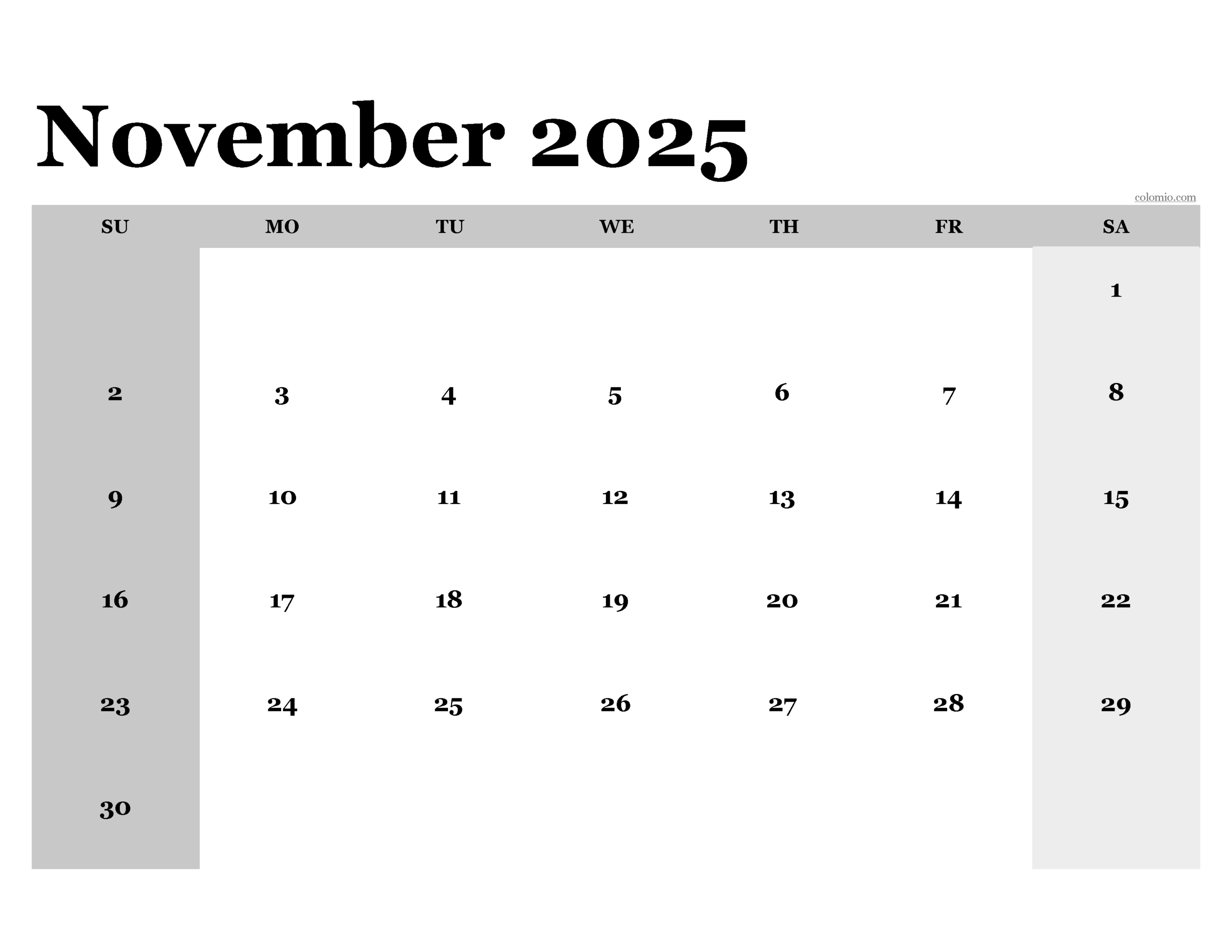November 2025 Modifiable Printable Calendar