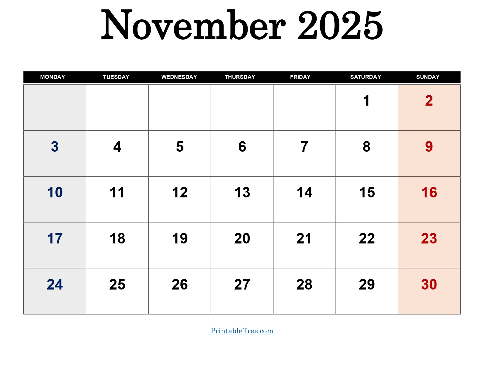 November 2025 Calendar Printable Starting Monday