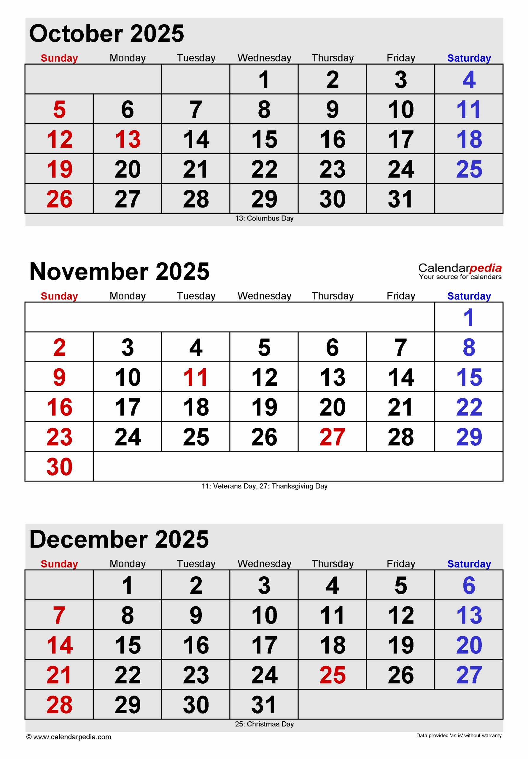October November December 2025 Calendar Printable