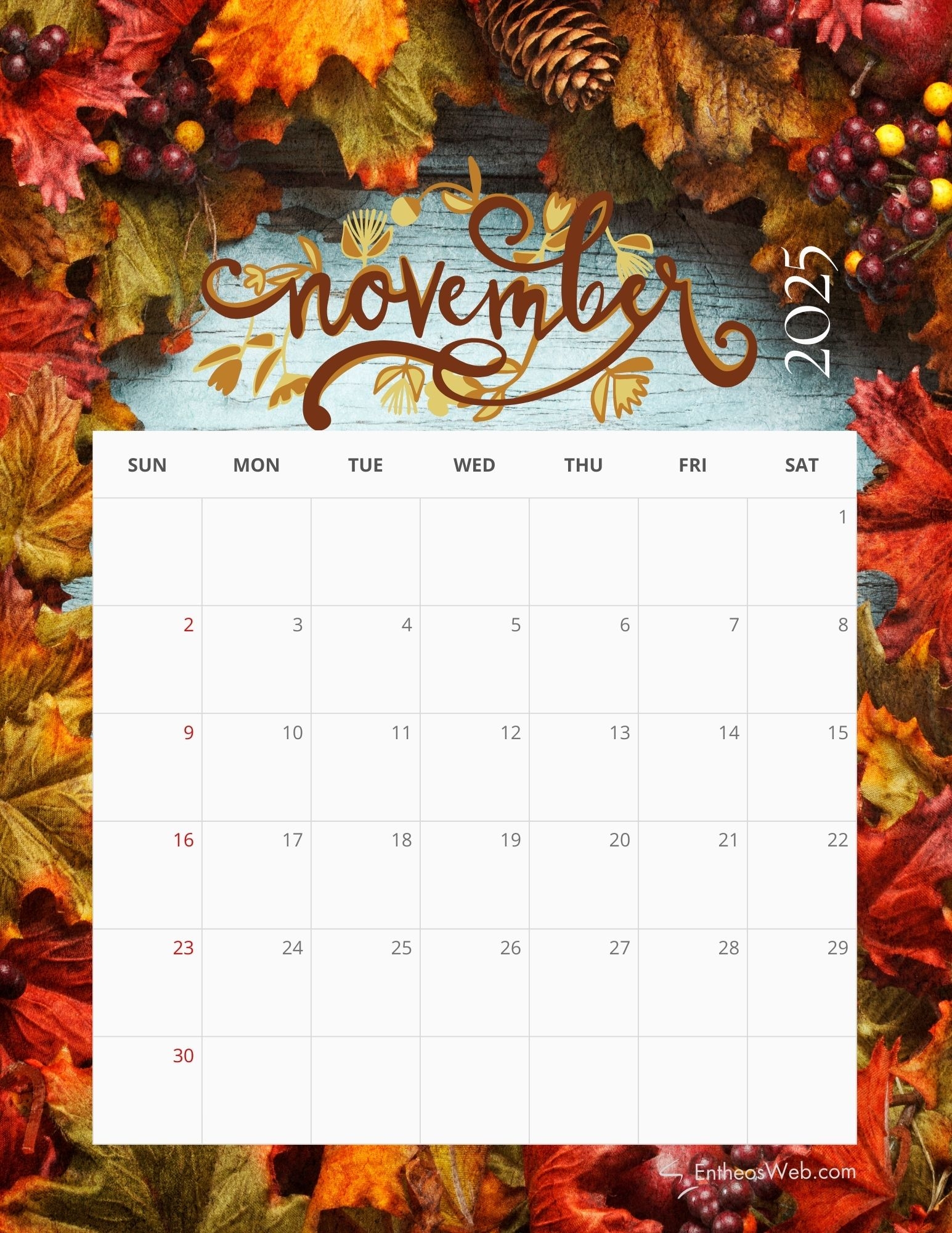 November 2025 Calendar Printable Pinterest