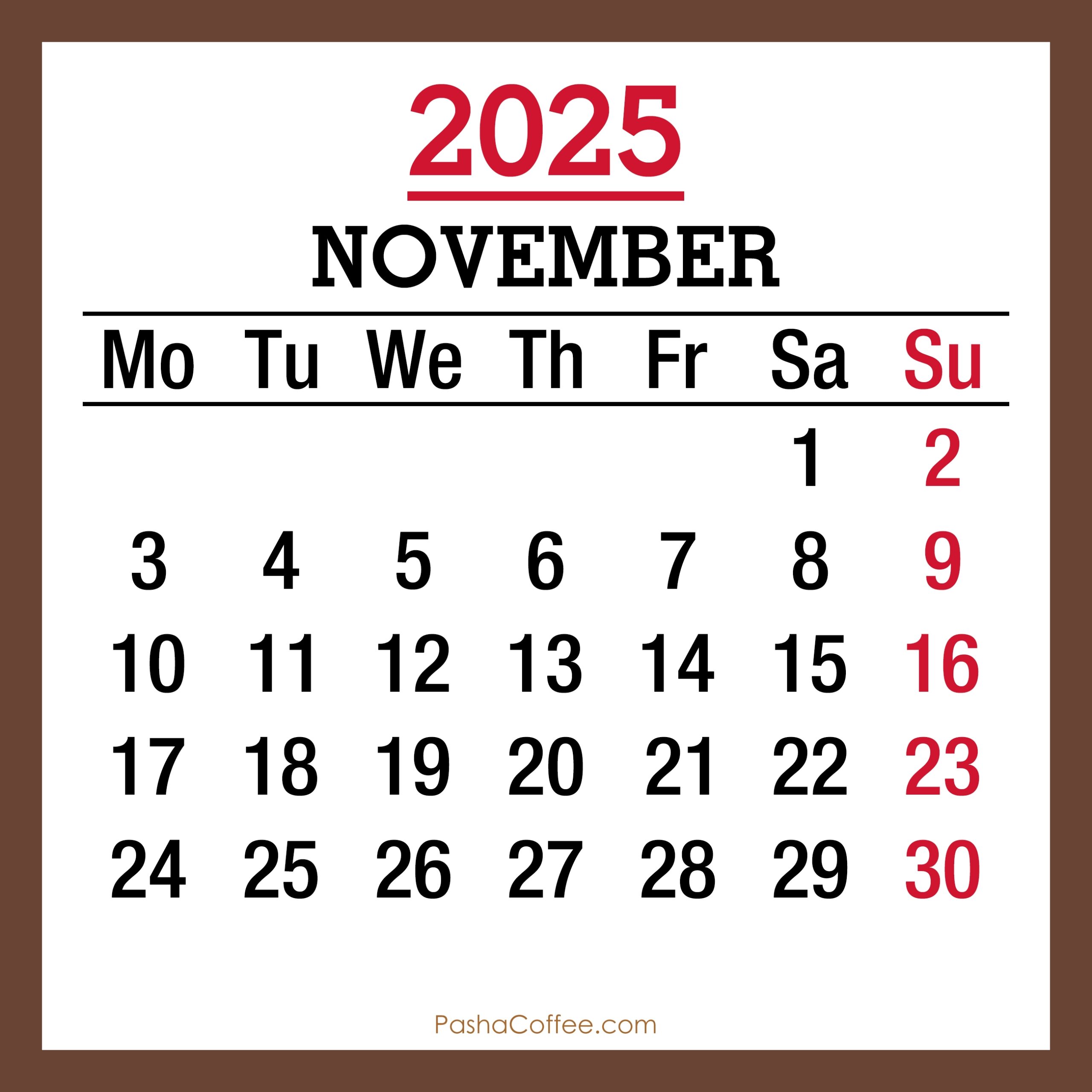 November 2025 Monthly Calendar Printable Free Brown Monday Start PashaCoffee